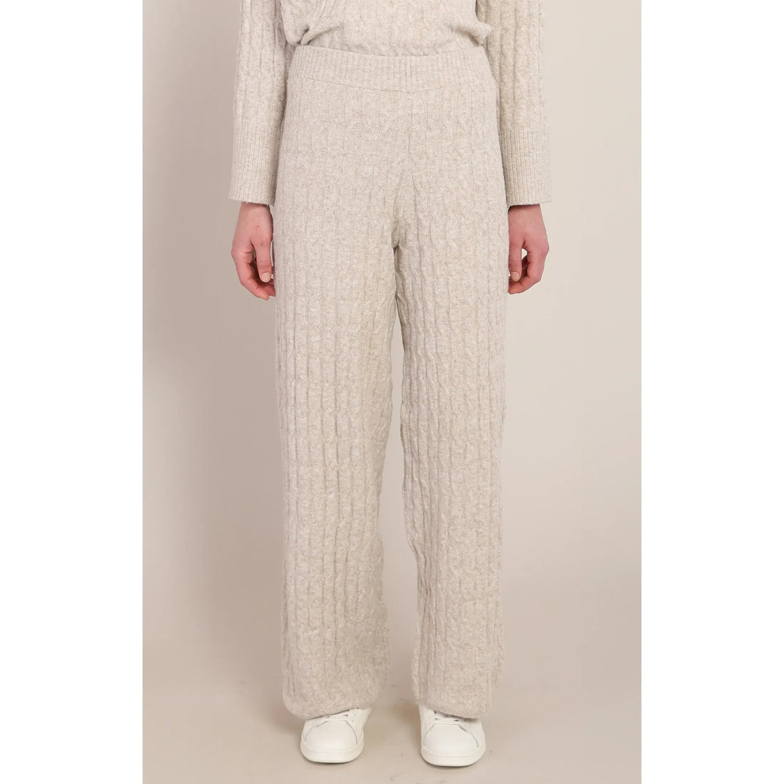 Room 34 Cable Knit Pant in warm beige with cable knit pattern and pull-on waist, shown with a matching knit top.