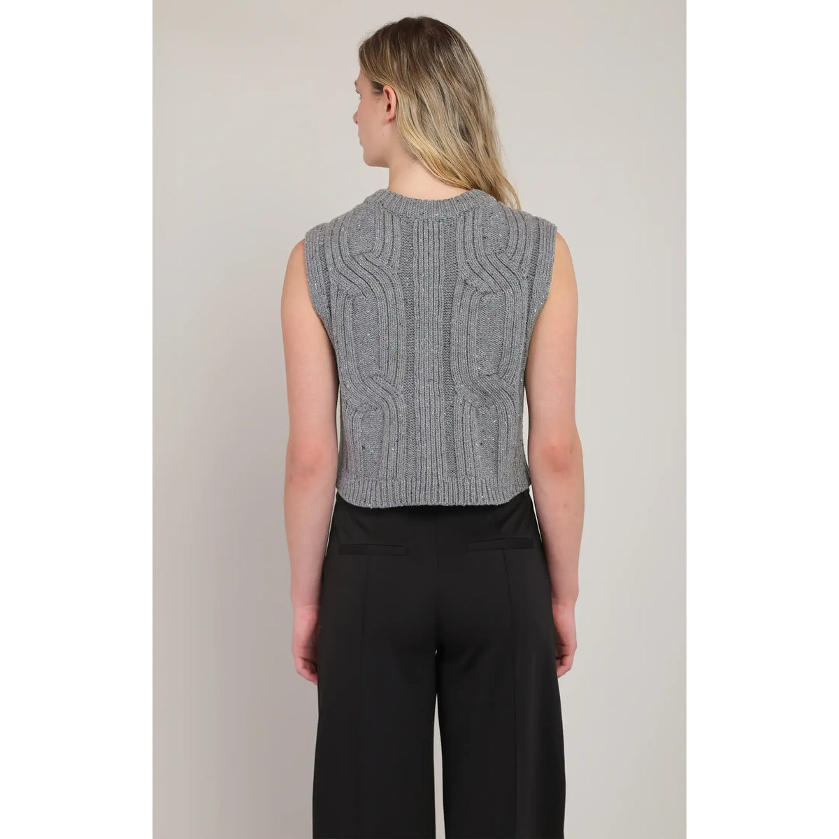 Back view of Room 34 gray button-front cable-knit sweater vest with textured pattern.