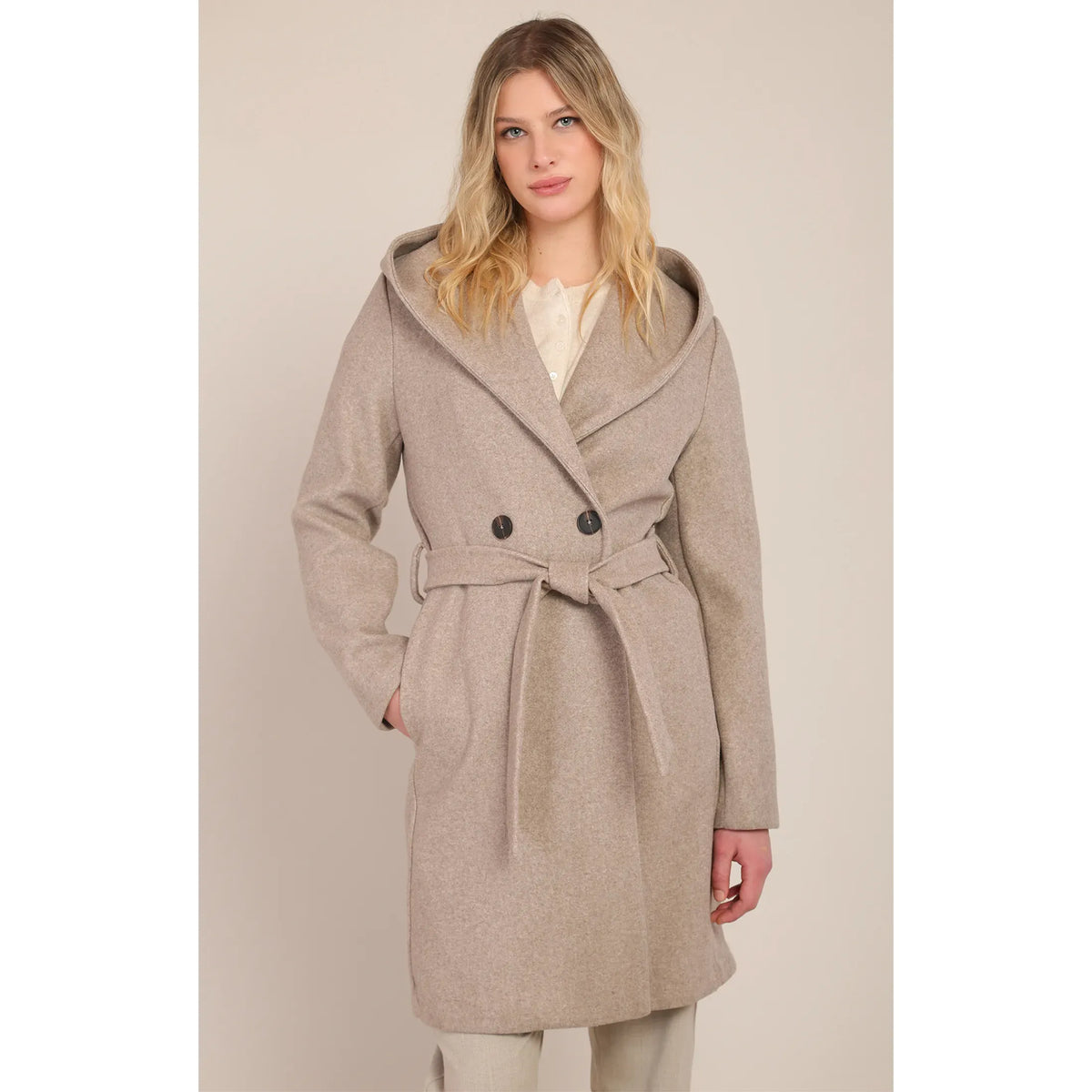 Beige belted hooded coat with front button closure and tied waist for cozy, stylish cooler weather wear.