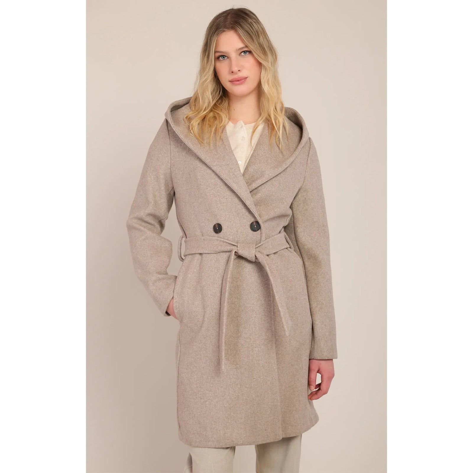 Beige belted hooded coat with front button closure and tied waist for cozy, stylish cooler weather wear.