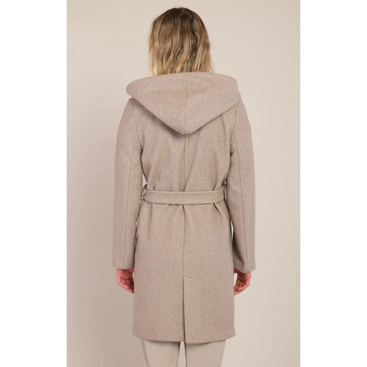 Room 34 Belted Hooded Coat in taupe, back view with hood and waist belt.