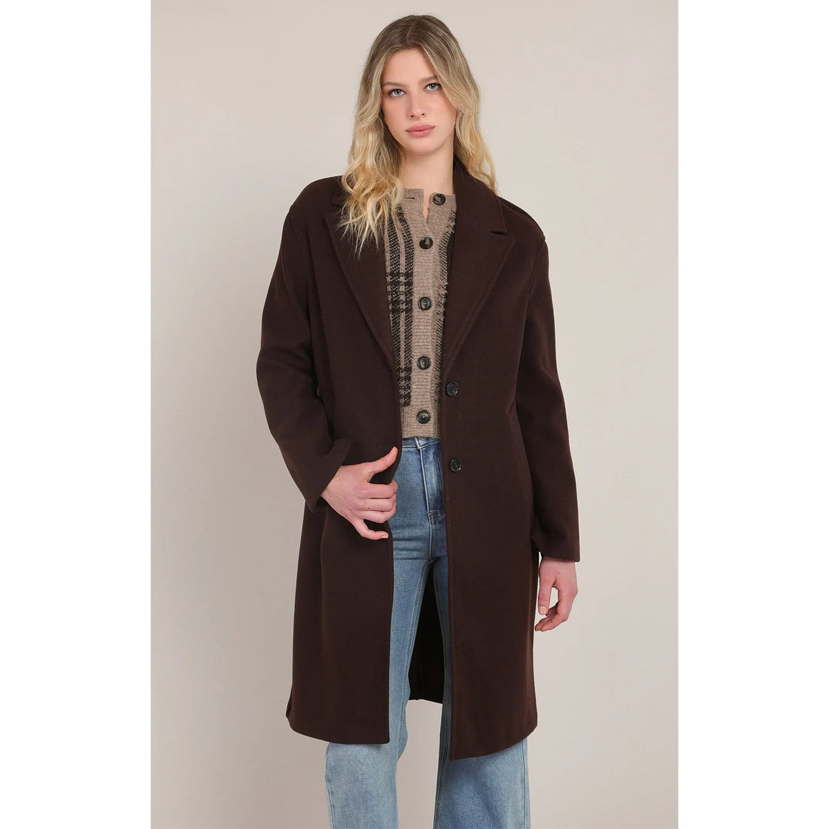 Model wearing Room 34 Long Soft Coat in dark brown; lightweight polyester-rayon blend, longline coat with buttons.