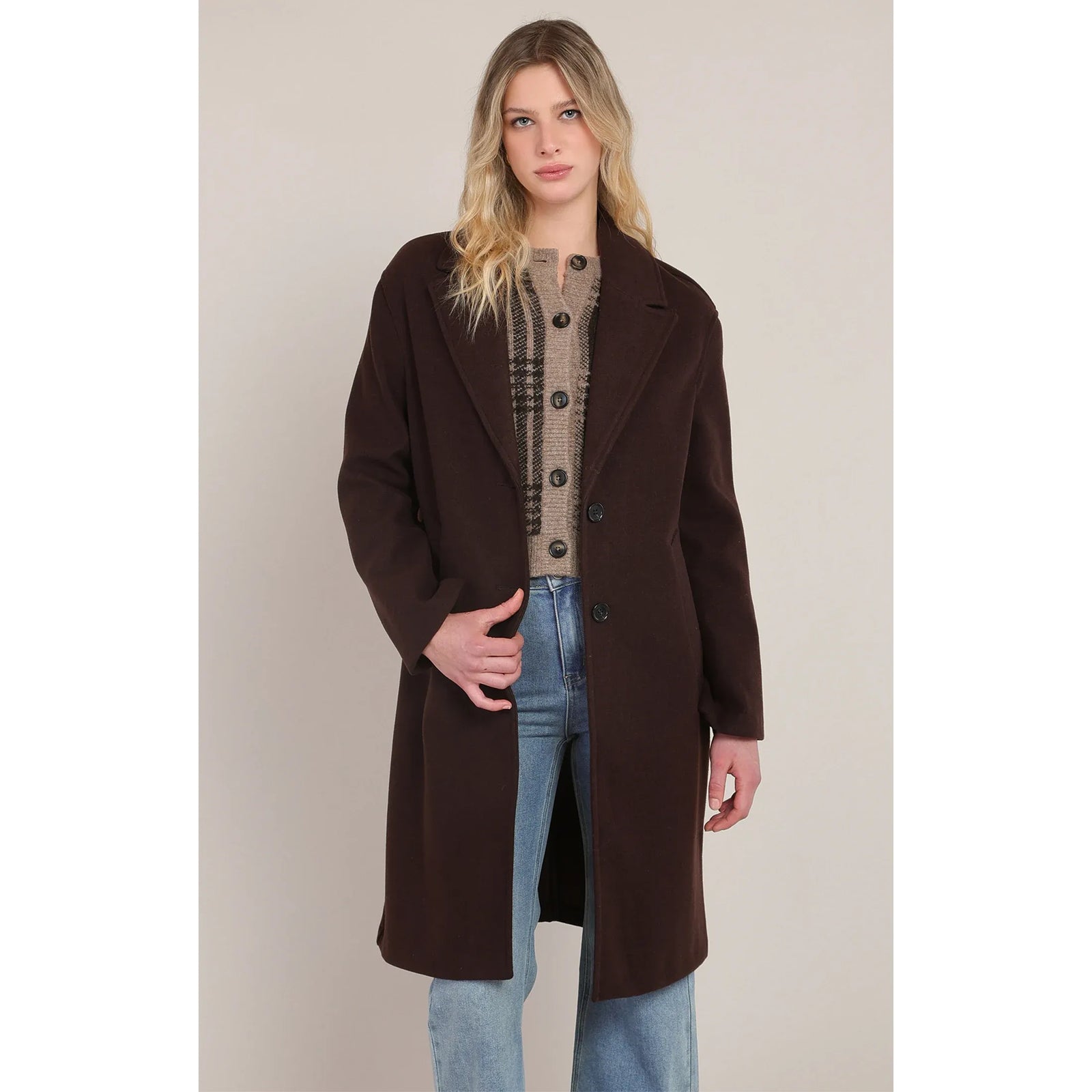 Model wearing Room 34 Long Soft Coat in dark brown; lightweight polyester-rayon blend, longline coat with buttons.