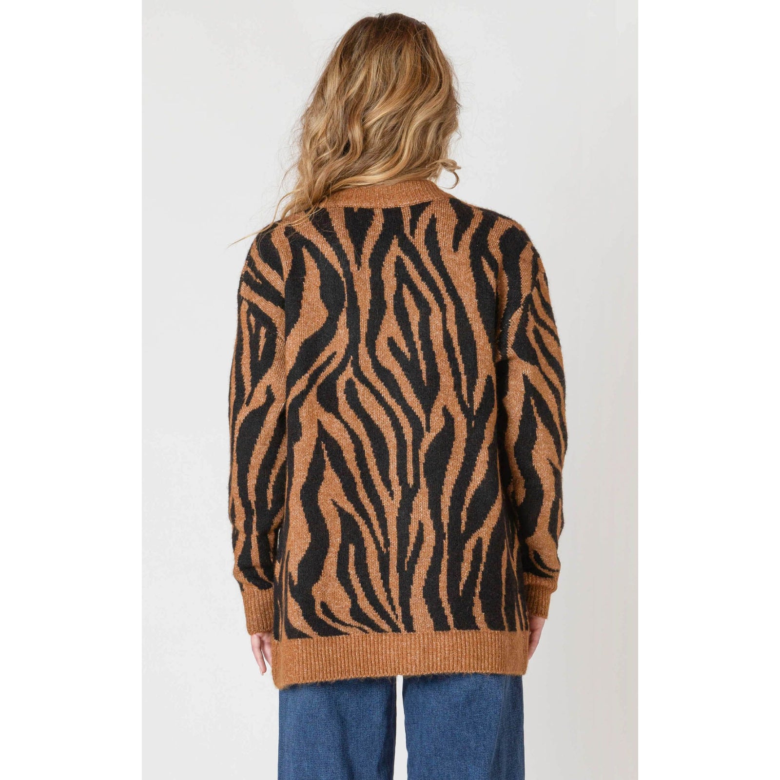 Room 34 Print Cardigan: brown and black tiger-print oversized knit, back view.