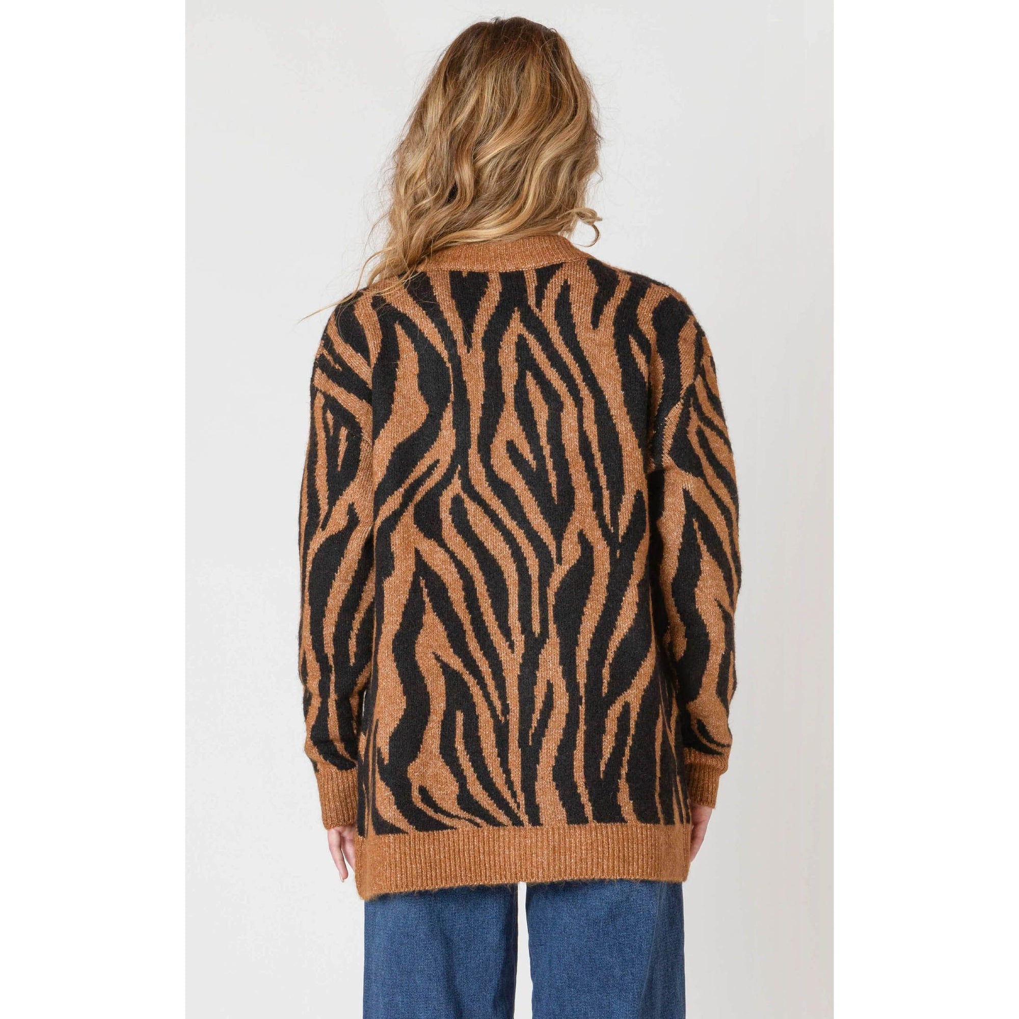 Room 34 Print Cardigan: brown and black tiger-print oversized knit, back view.