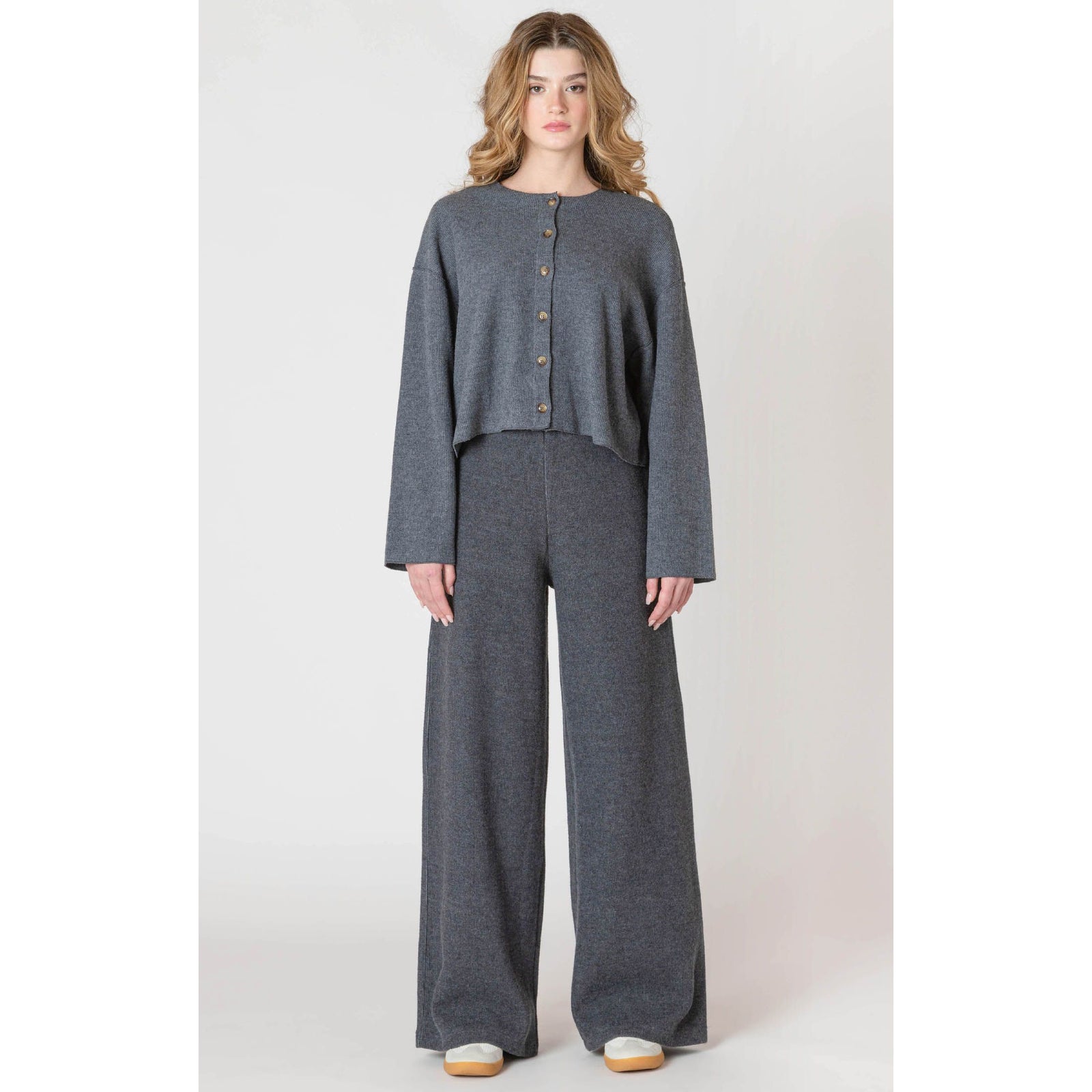 Room 34 Ribbed Cardigan with long sleeves and button-front, cropped hem, paired with matching wide-leg gray pants.