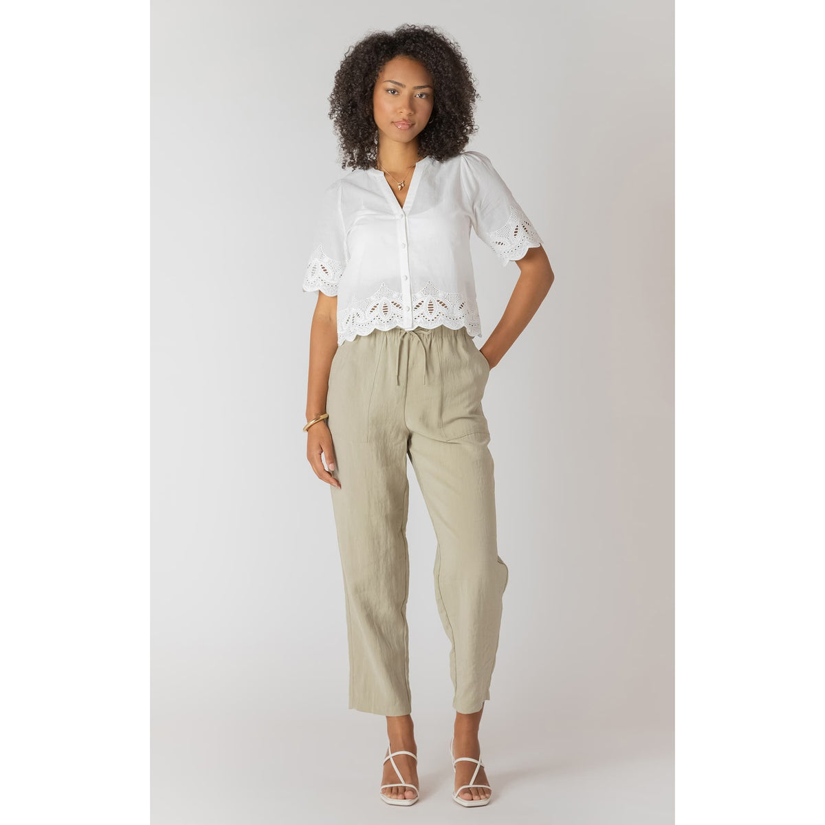 Room 34 Straight Leg Casual Pants in beige with elastic waist and drawstring, cropped, relaxed fit.