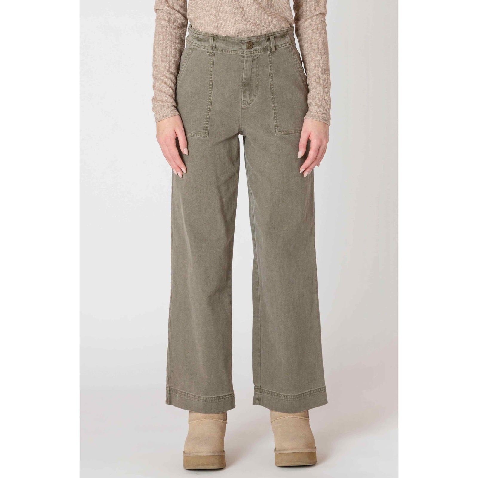 Room 34 Straight Leg Pants in army green with relaxed cropped fit, belt loops, and front/rear patch pockets.