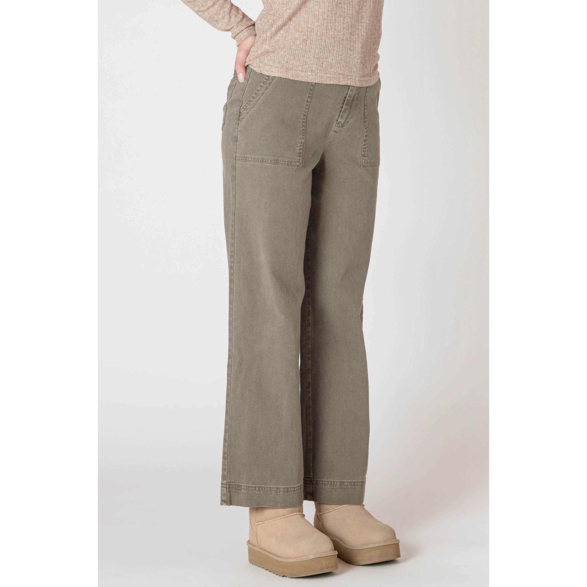 Room 34 Straight Leg Pants in army green with relaxed cropped fit, belt loops, and front/rear patch pockets.