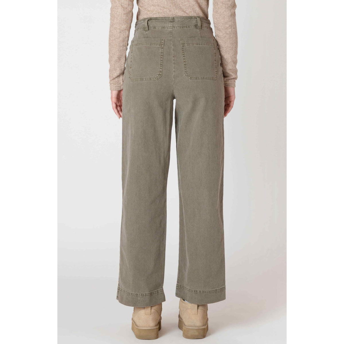 Room 34 Straight Leg Pants in army green with belt loops and patch pockets.