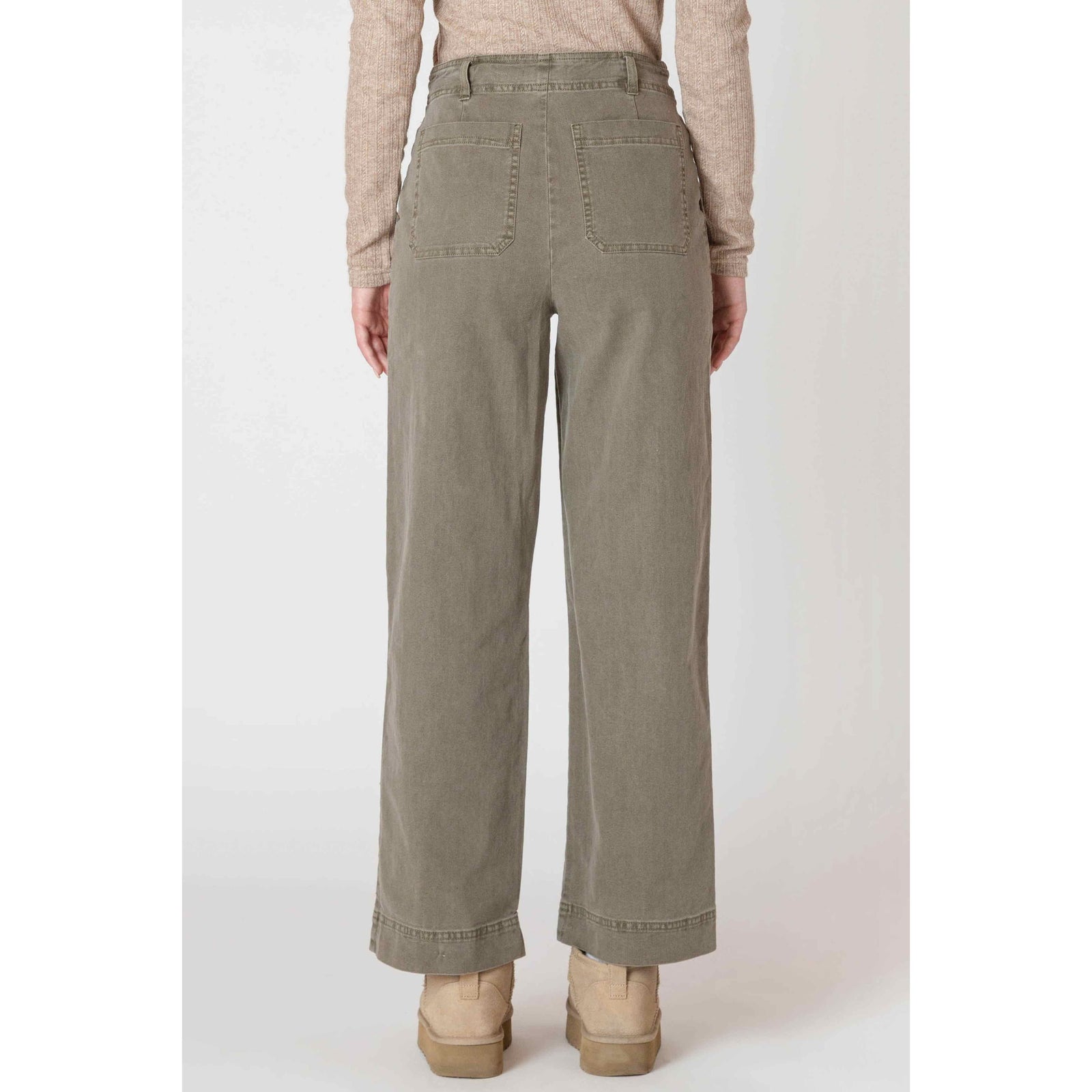 Room 34 Straight Leg Pants in army green with belt loops and patch pockets.