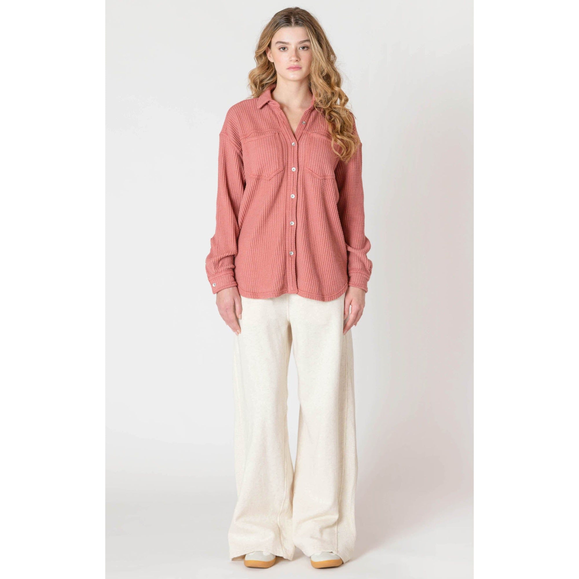 Cozy up in the Room 34 Thermal Knit Jacket, perfect for layering and adding style to your autumn wardrobe.