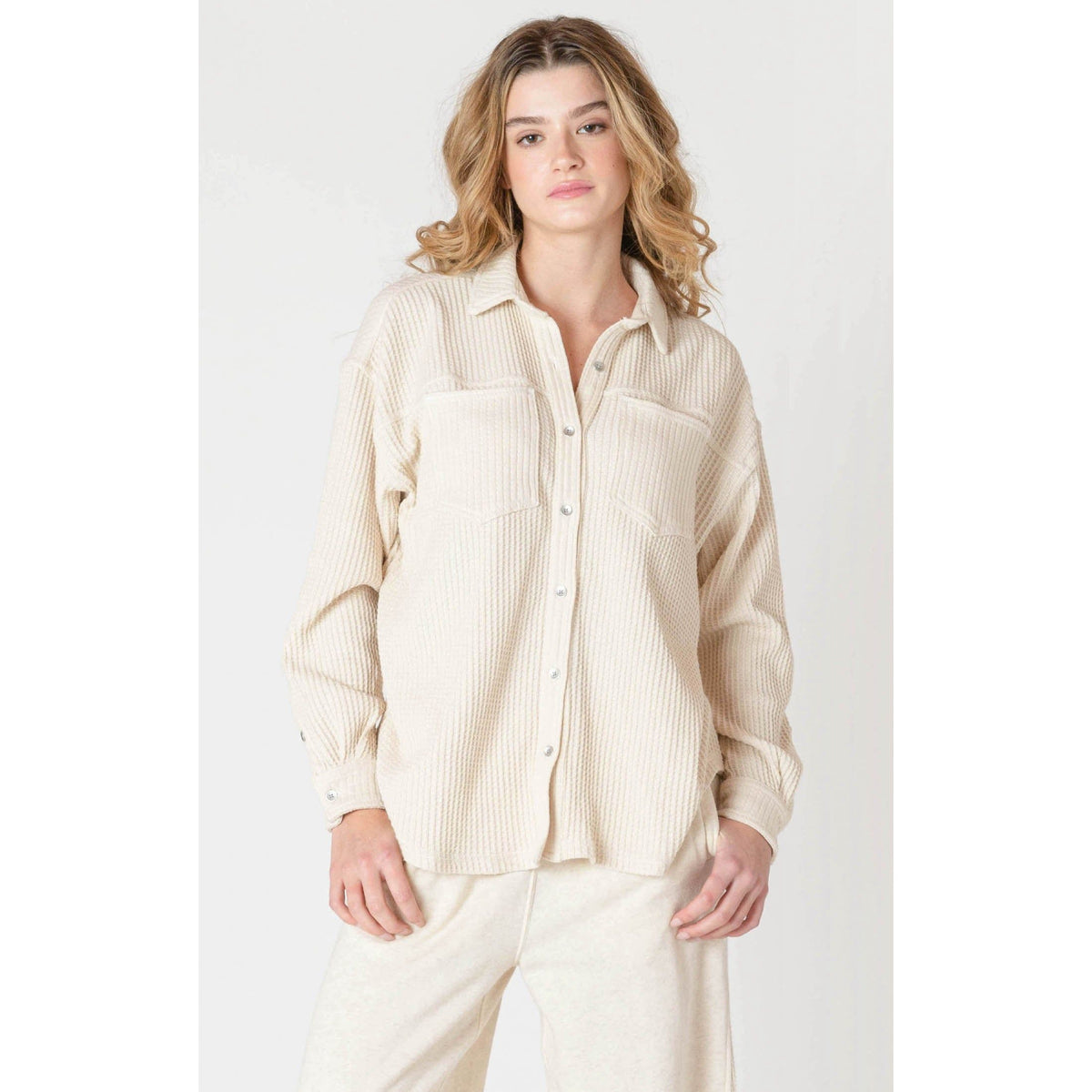 Cozy Room 34 Thermal Knit Jacket in cream, perfect for layering this fall for warmth and style.