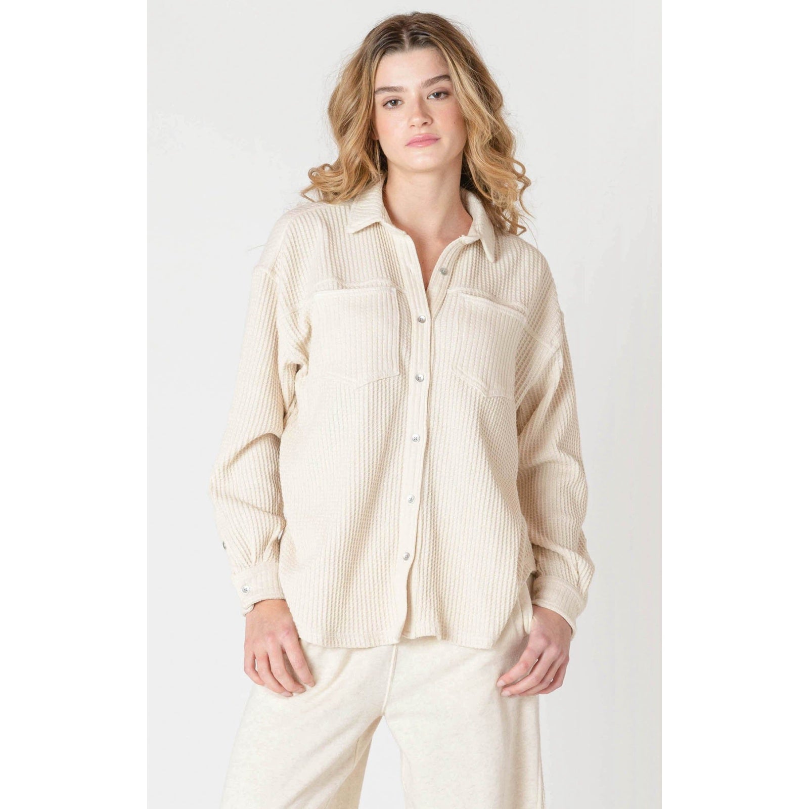 Cozy Room 34 Thermal Knit Jacket in cream, perfect for layering this fall for warmth and style.