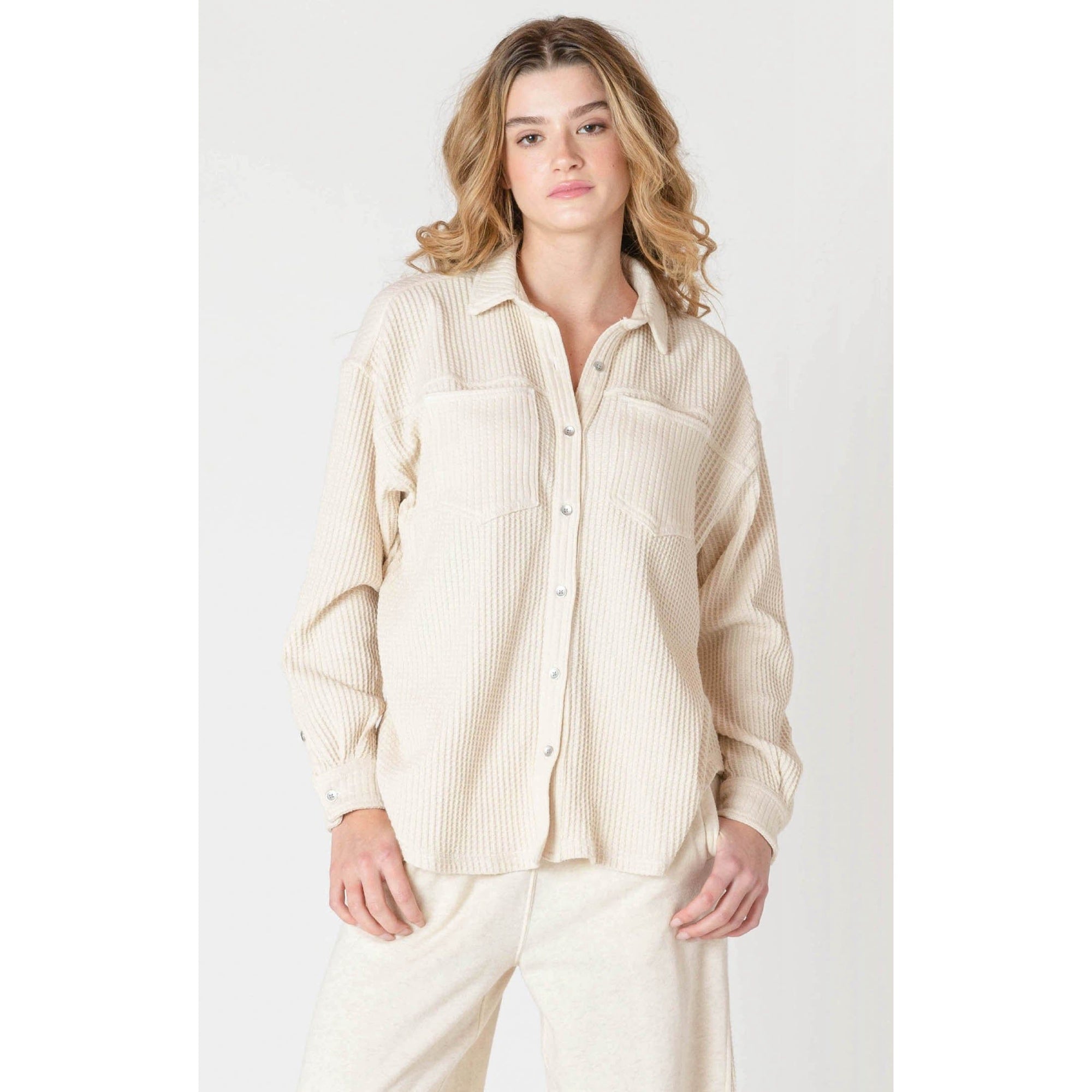 Cozy Room 34 Thermal Knit Jacket in cream, perfect for layering this fall for warmth and style.