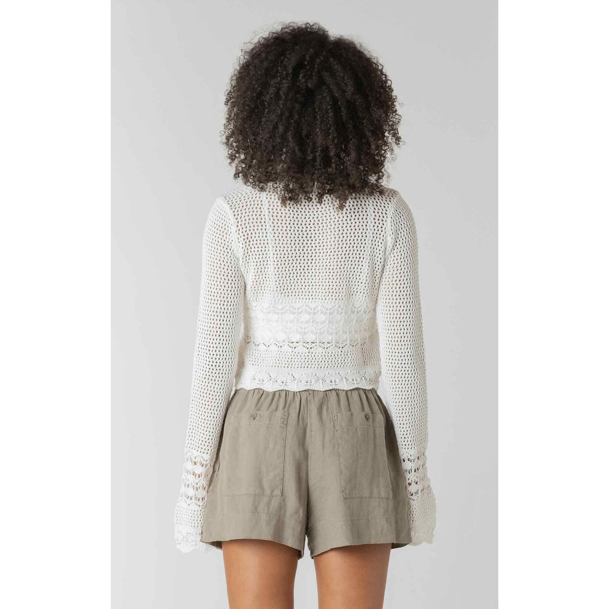 Room 34 Tie Front Crochet Cardigan in white lace-knit fabric, back view with scalloped hem; size chart info.