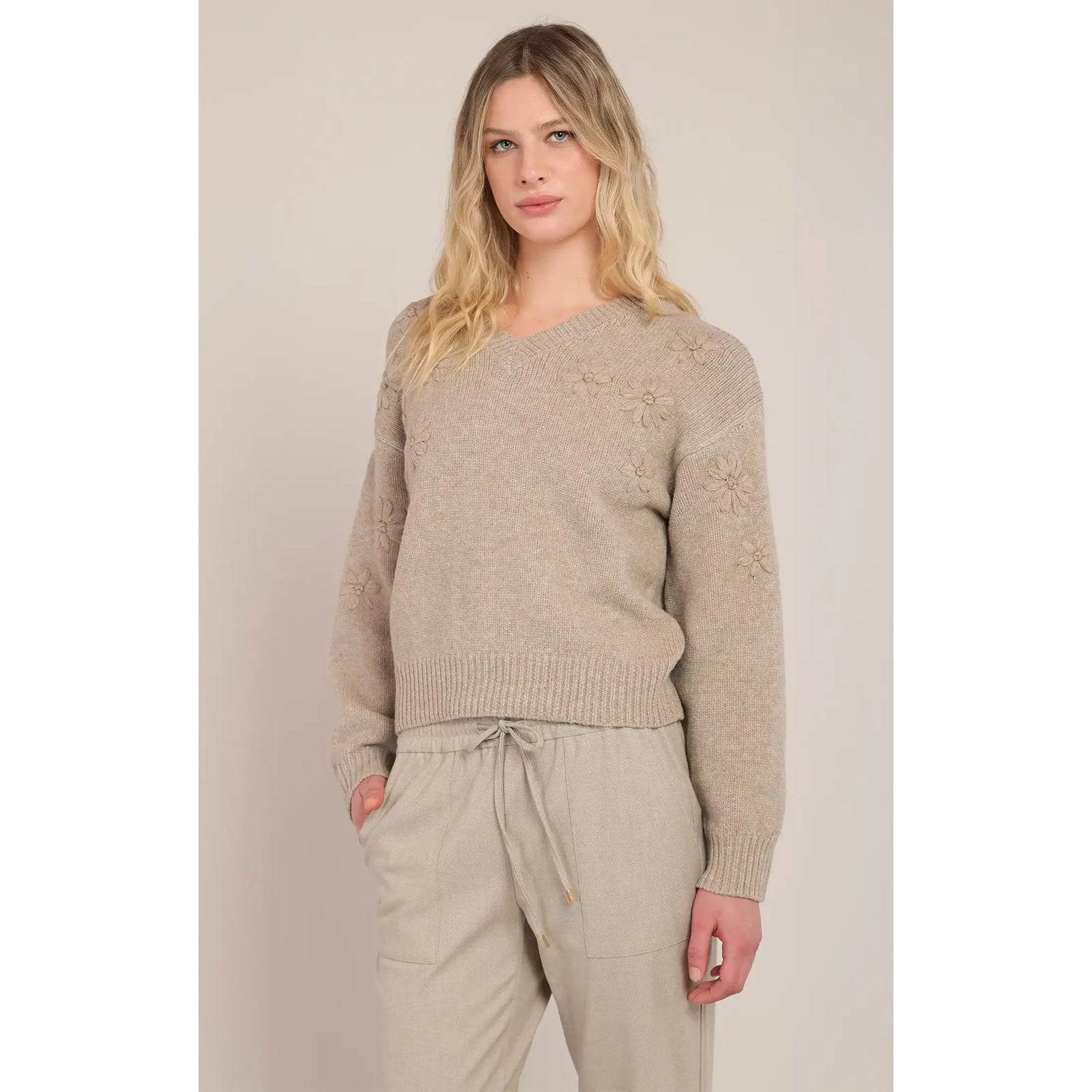 Room 34 V Neck Floral Embroidery Sweater