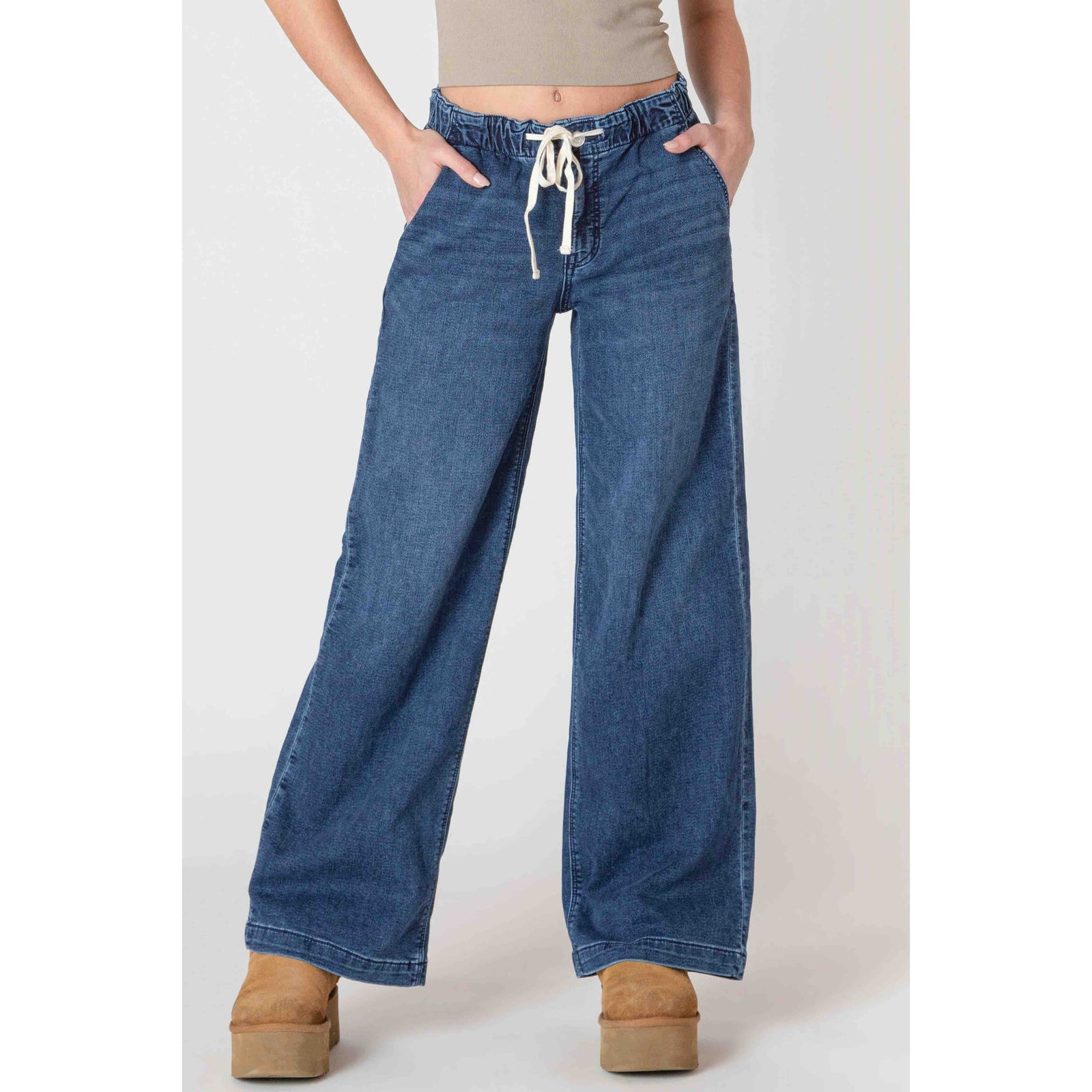 Room 34 Wide Leg Denim Knit Pants with drawstring waist and patch pockets in blue denim.