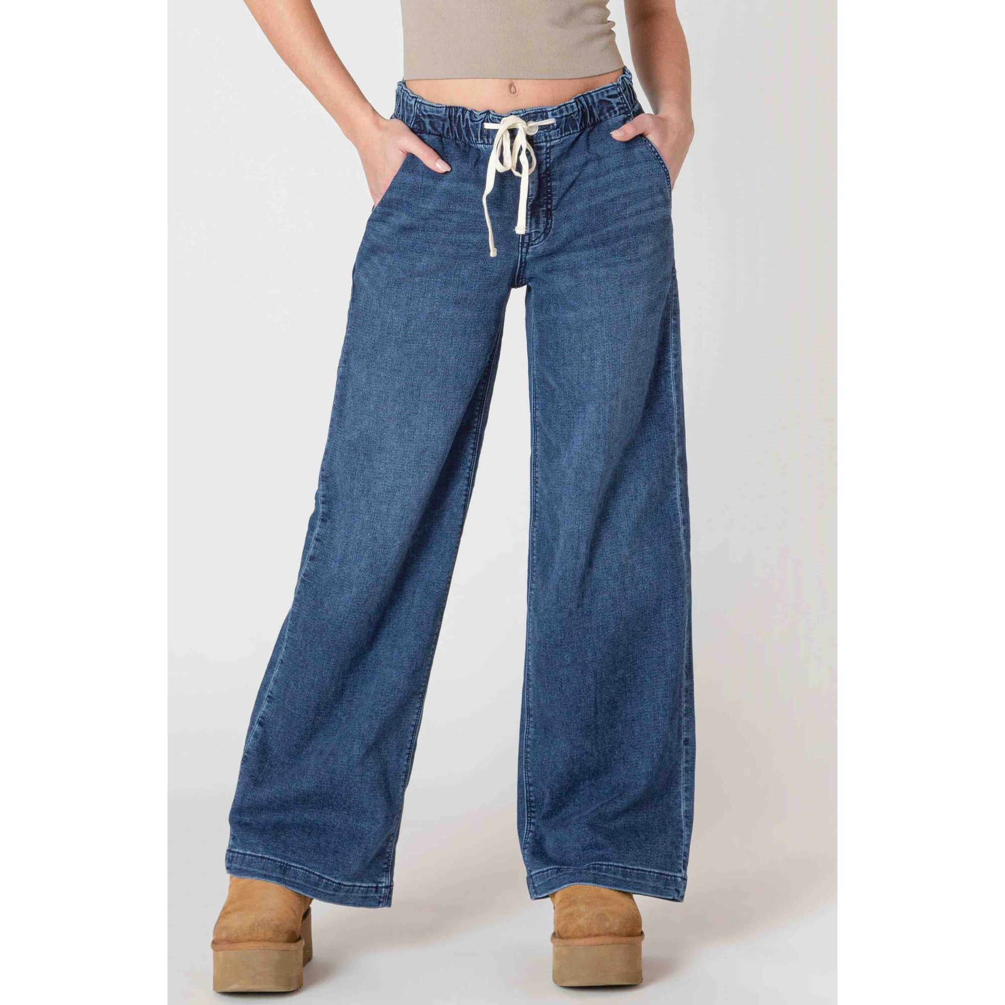 Room 34 Wide Leg Denim Knit Pants with drawstring waist and patch pockets in blue denim.
