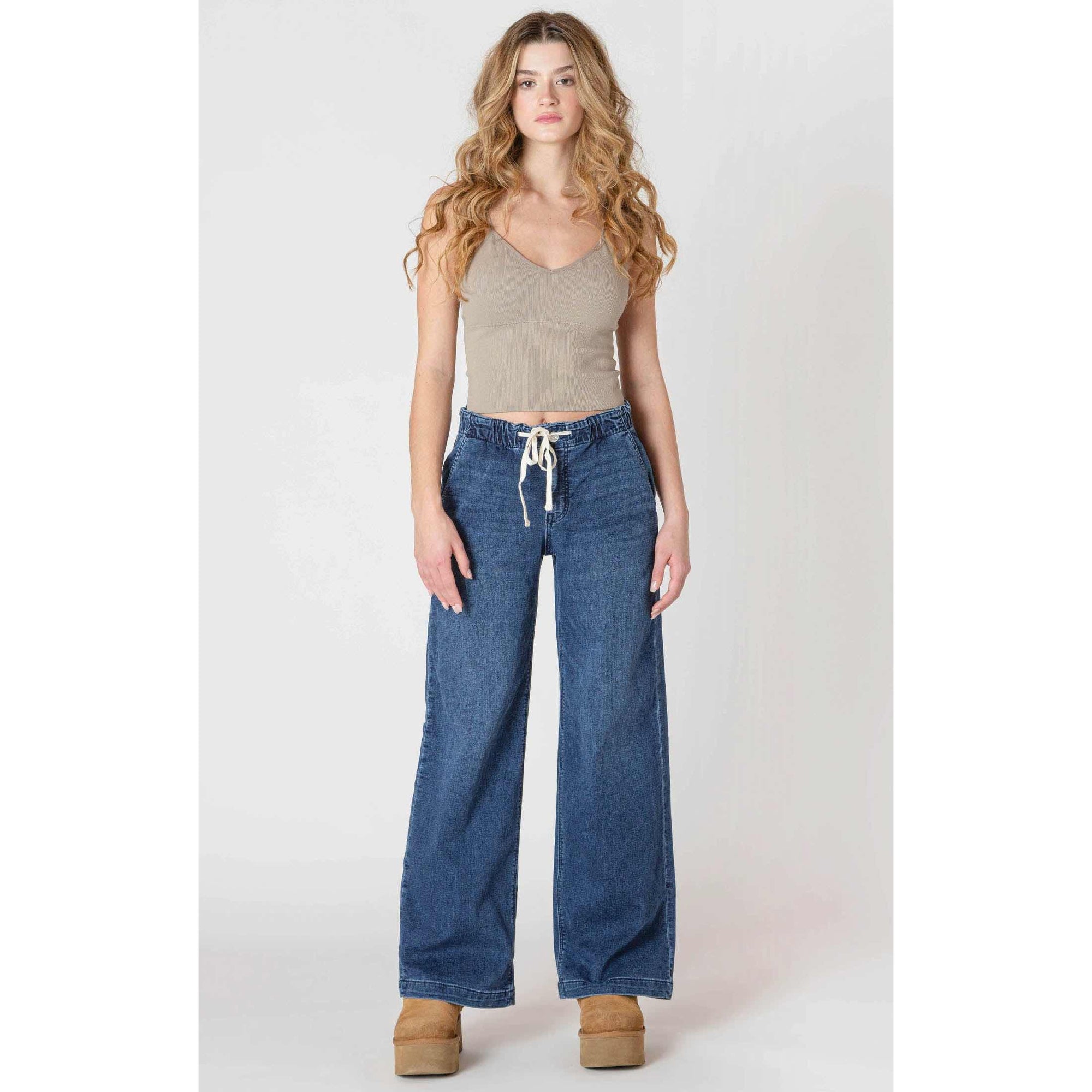 Room 34 Wide Leg Denim Knit Pants with drawstring waist and patch pockets in blue denim.