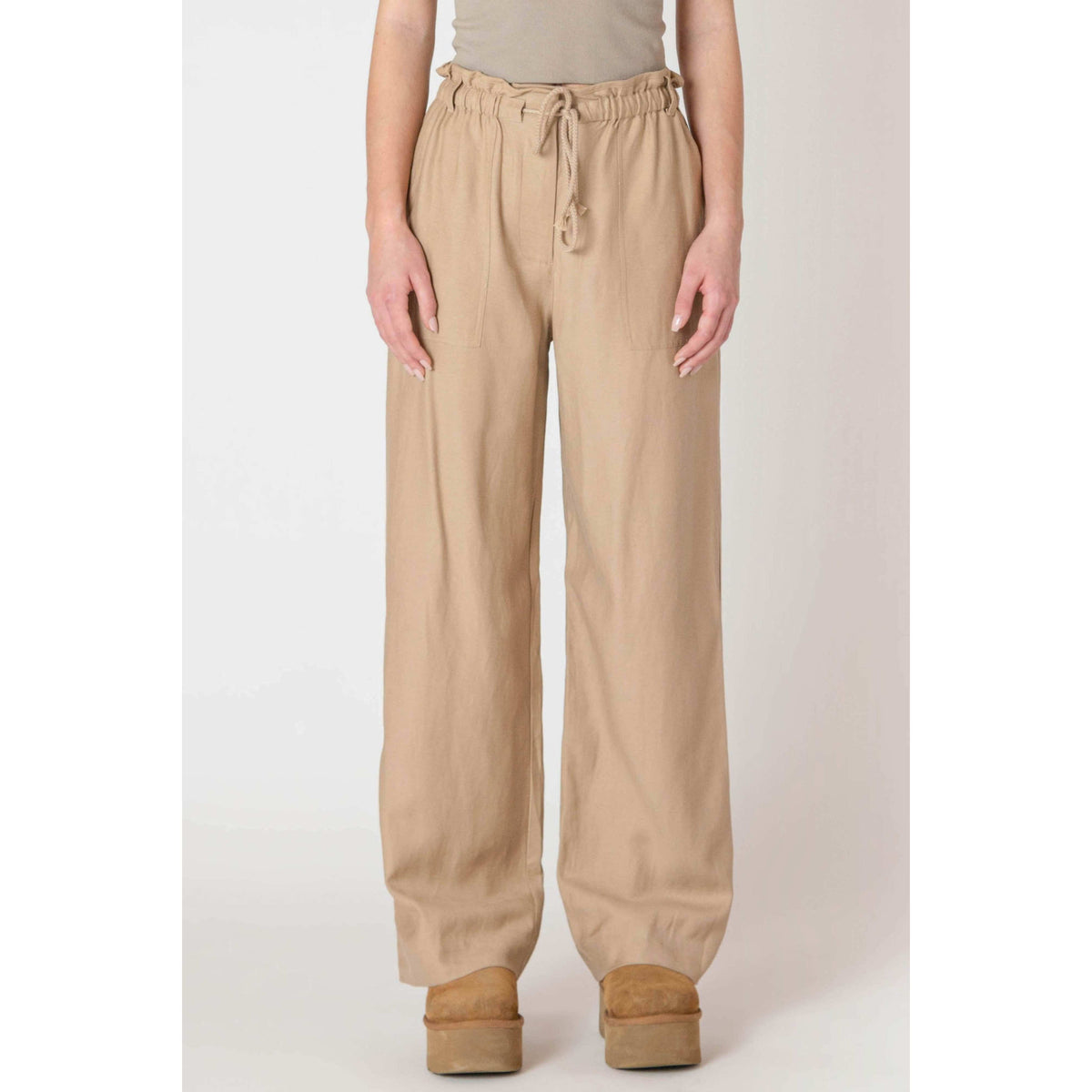 Room 34 Flowy Wide Leg Pants — tan breezy drawstring wide-leg pants from Room 34.