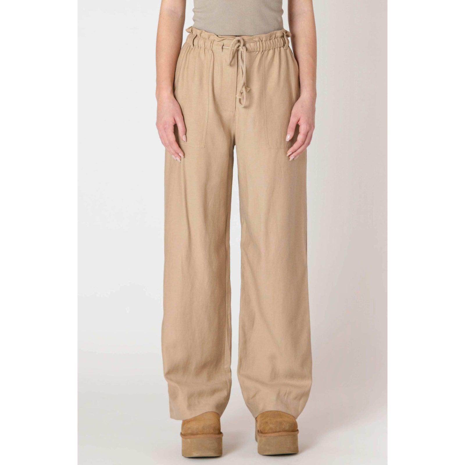 Room 34 Flowy Wide Leg Pants — tan breezy drawstring wide-leg pants from Room 34.