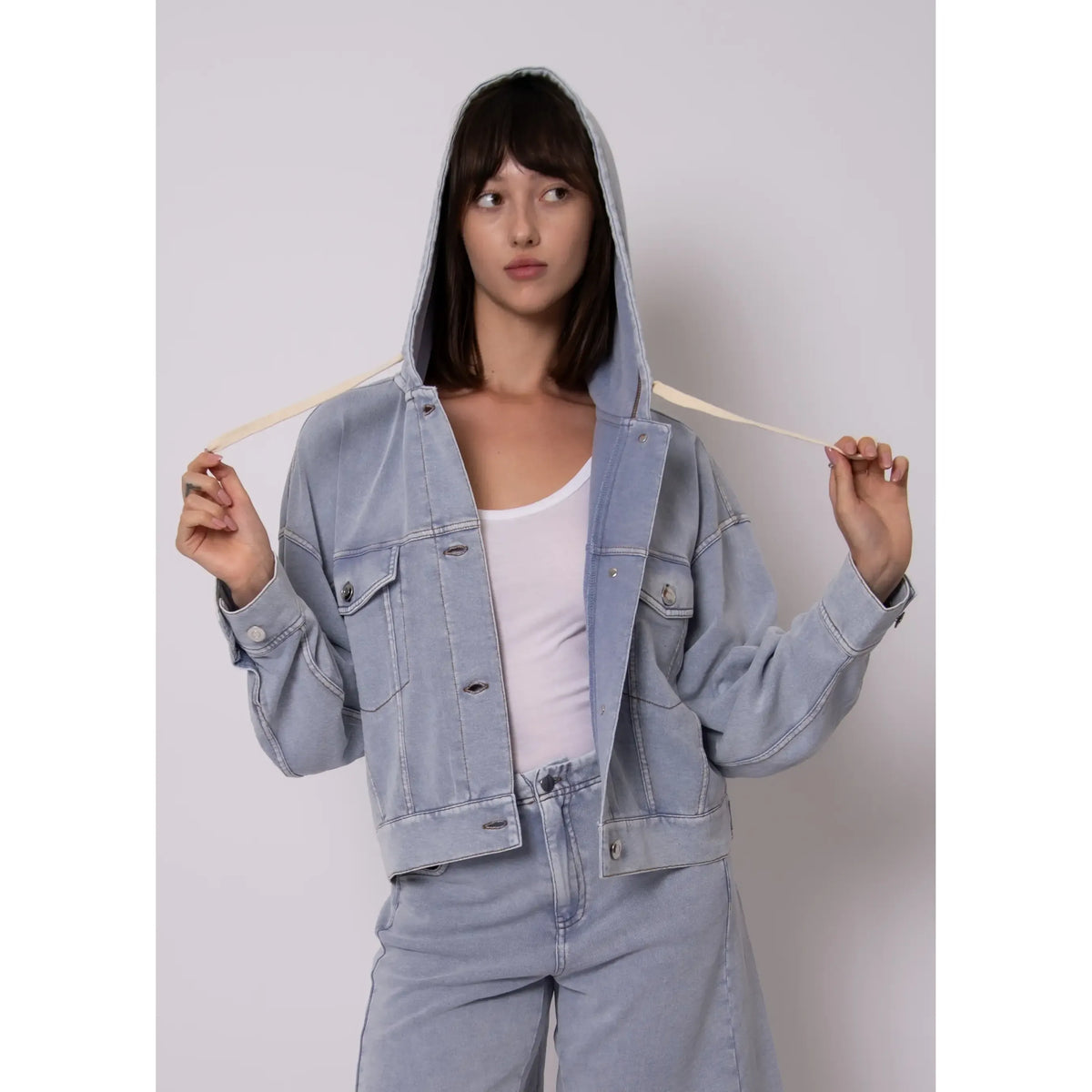 Sarana French Terry Hooded Jacket: light denim with hood, button front, chest pockets, relaxed silhouette.