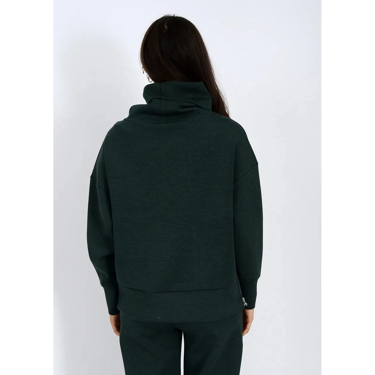 Fillana Soft Knit LS Foldover pine green back view of an oversized knit with foldover collar.
