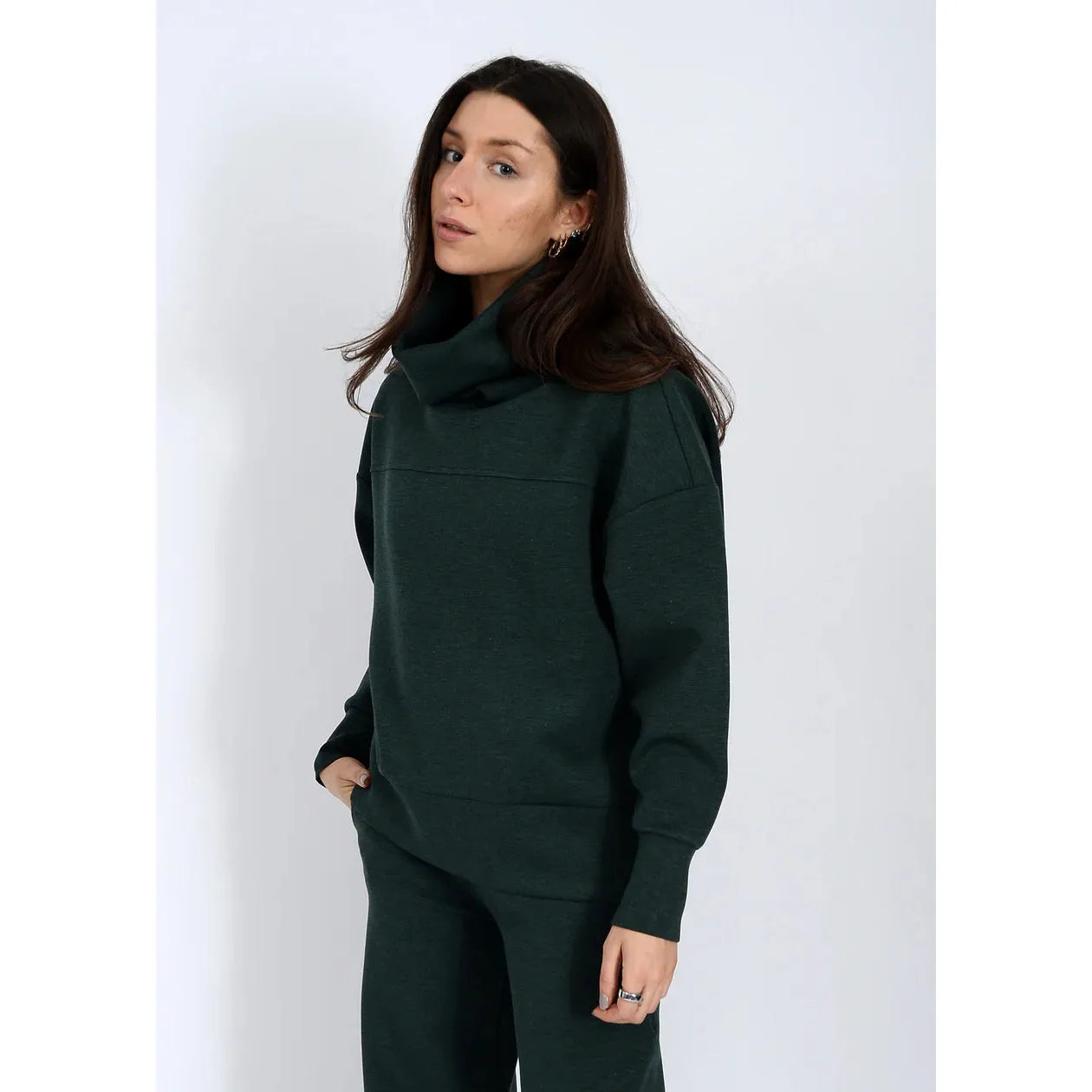 Scuba Fillana Soft Knit LS Foldover pullover in pine green with a bold foldover collar.
