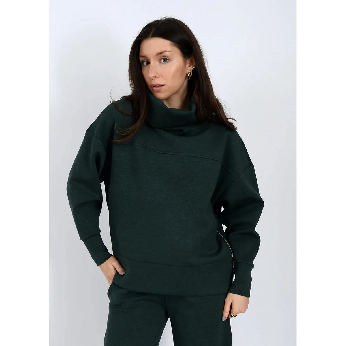 Scuba Fillana Soft Knit LS Foldover pullover in pine green with a bold foldover collar.