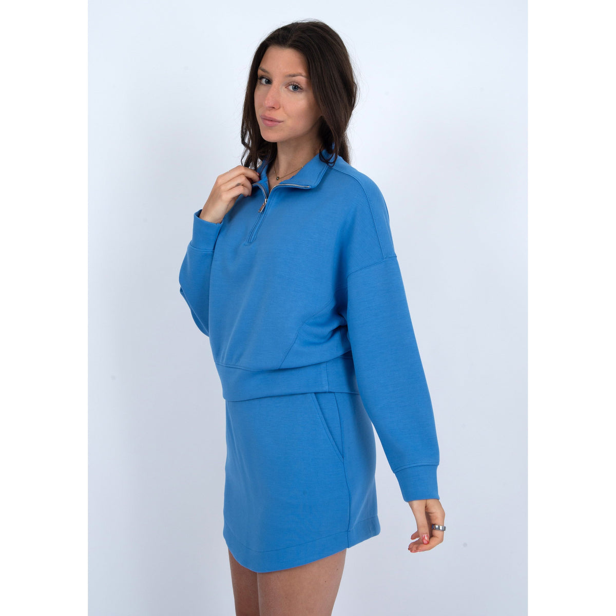 Cropped Mailyn Soft Scuba 1/2 Zip Pull Over in blue, perfect for staying warm and stylish. Pair with matching pants!