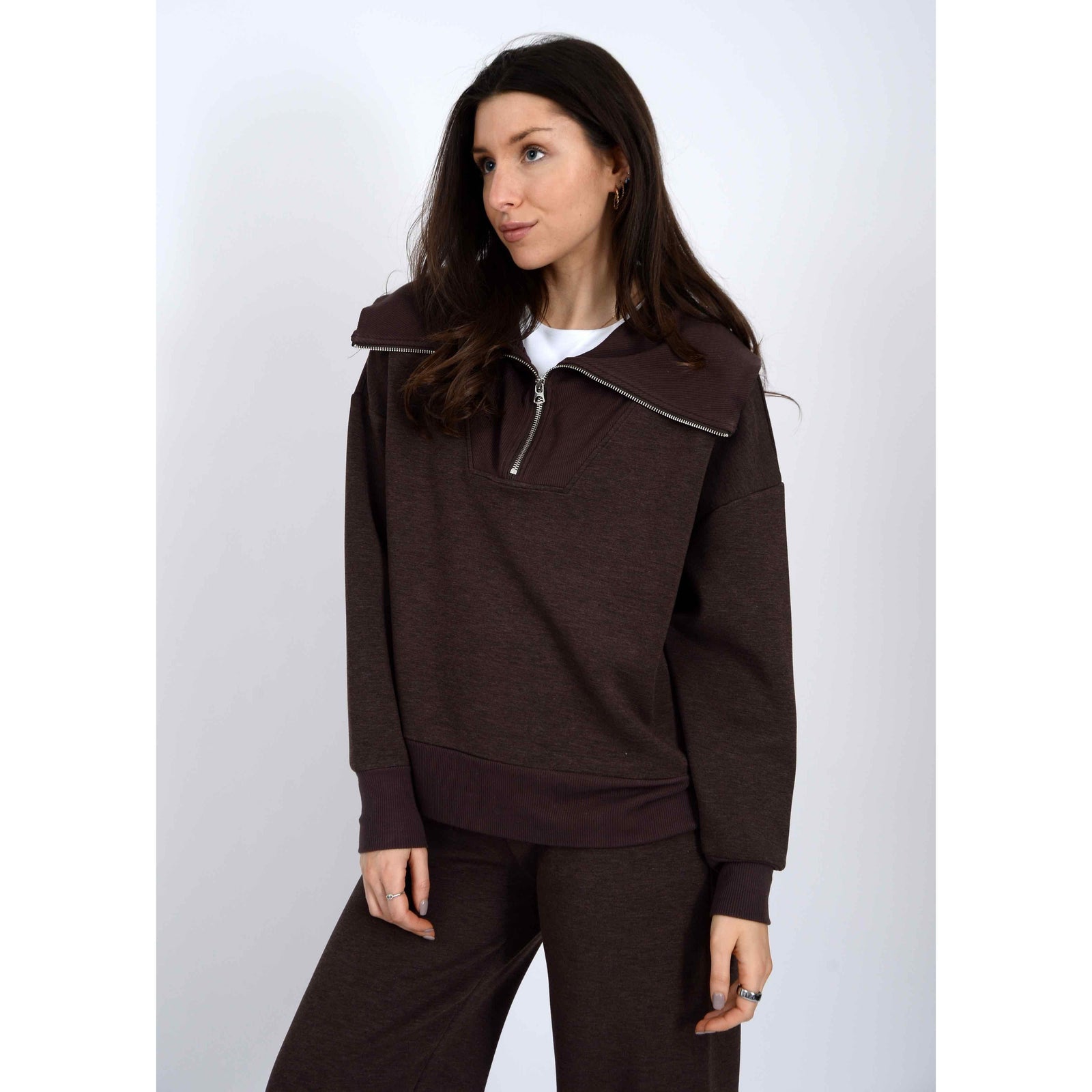 Scuba Sean Soft Knit Half Zip Pullover in umber worn by a model; warm fall knit with zip collar.