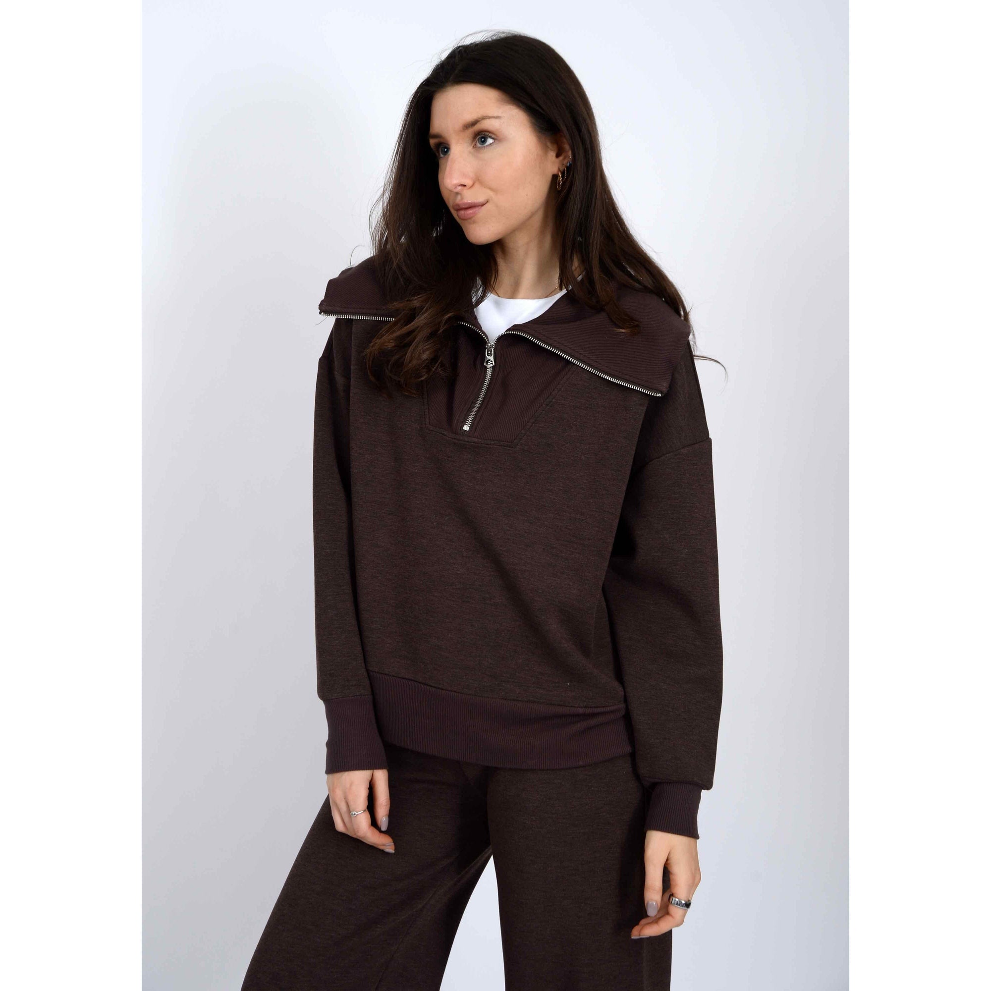 Scuba Sean Soft Knit Half Zip Pullover in umber worn by a model; warm fall knit with zip collar.