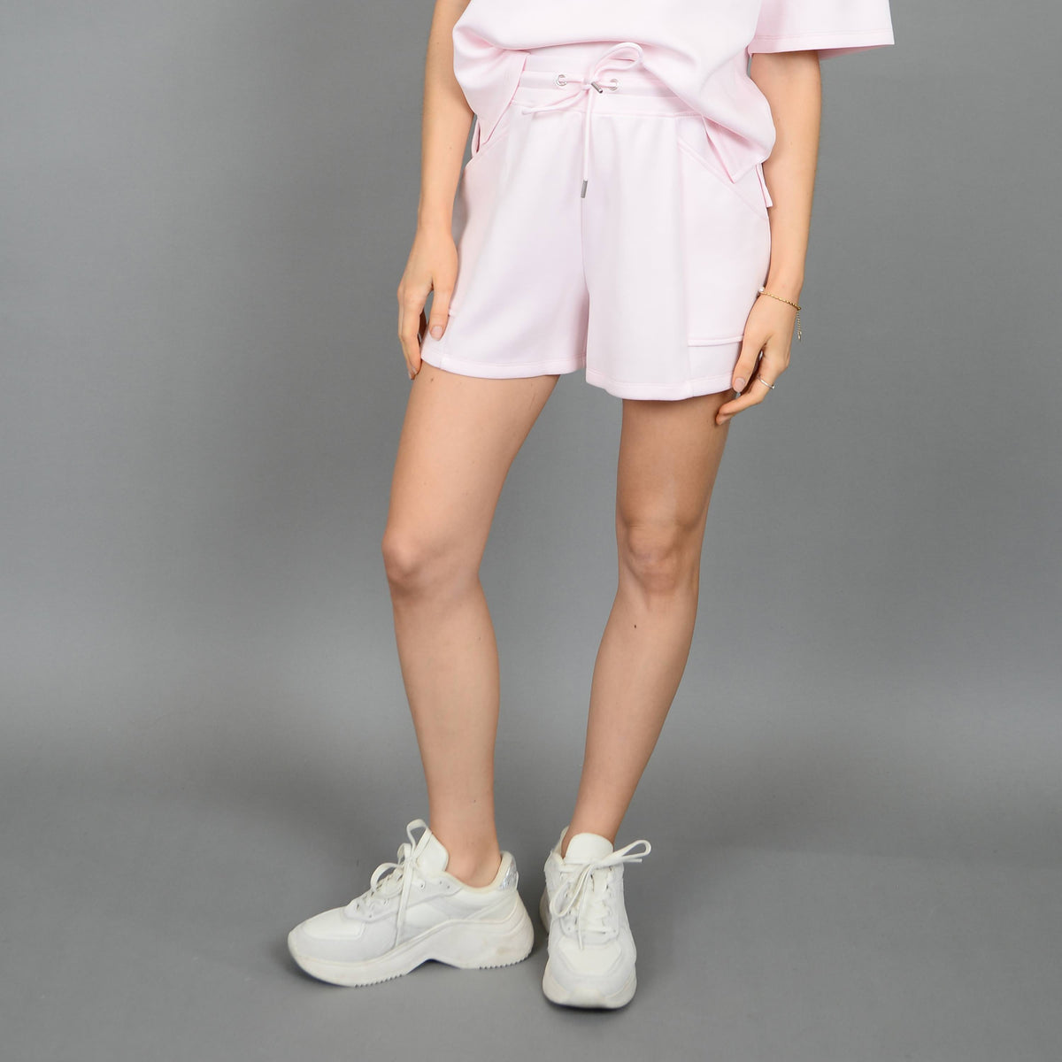 Scuba Senza Soft Knit Shorts in Marys Rose pink with pockets; lounge shorts from our store, model Sharlen in Small.