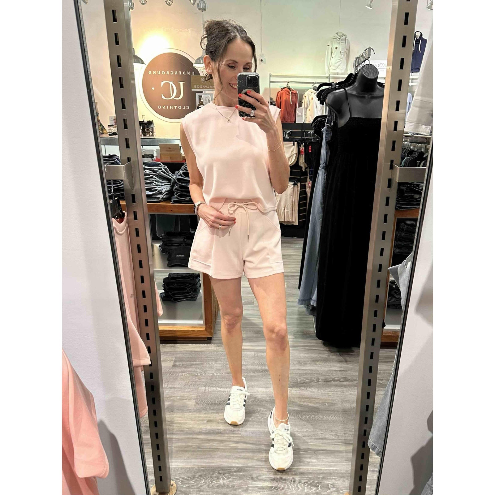 Scuba Senza Soft Knit Shorts in Marys Rose; model Sharlen, 5 ft 6 in, size small, lounge-ready with pockets.