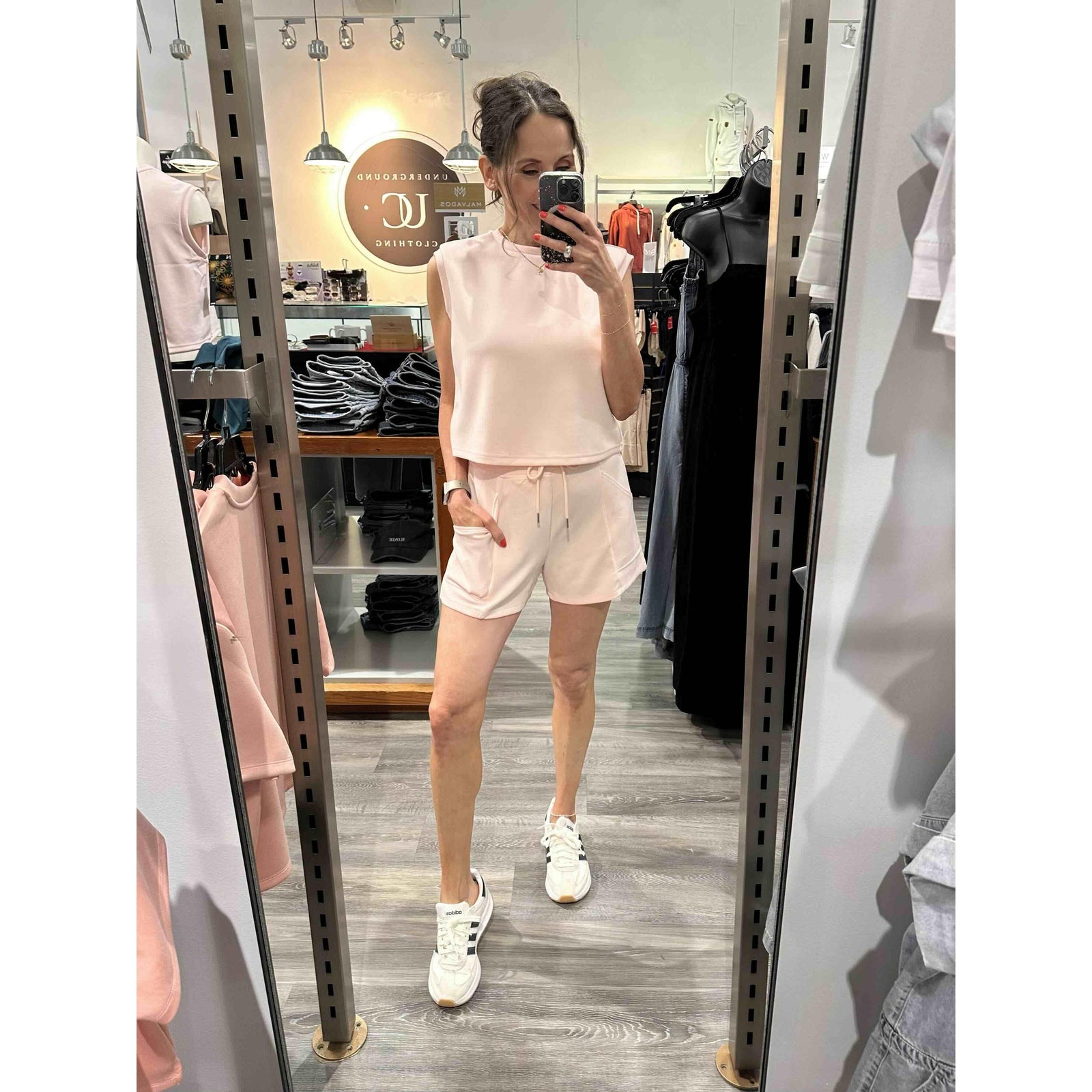 Scuba Senza Soft Knit Shorts pink lounge set with pockets and matching top, Marys Rose Try-On.