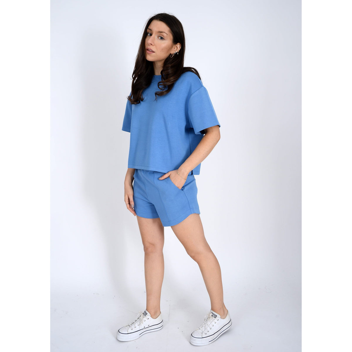Scuba Tess Soft Knit Top in blue, featuring a boxy fit, perfect for casual wear or pairing with denim.
