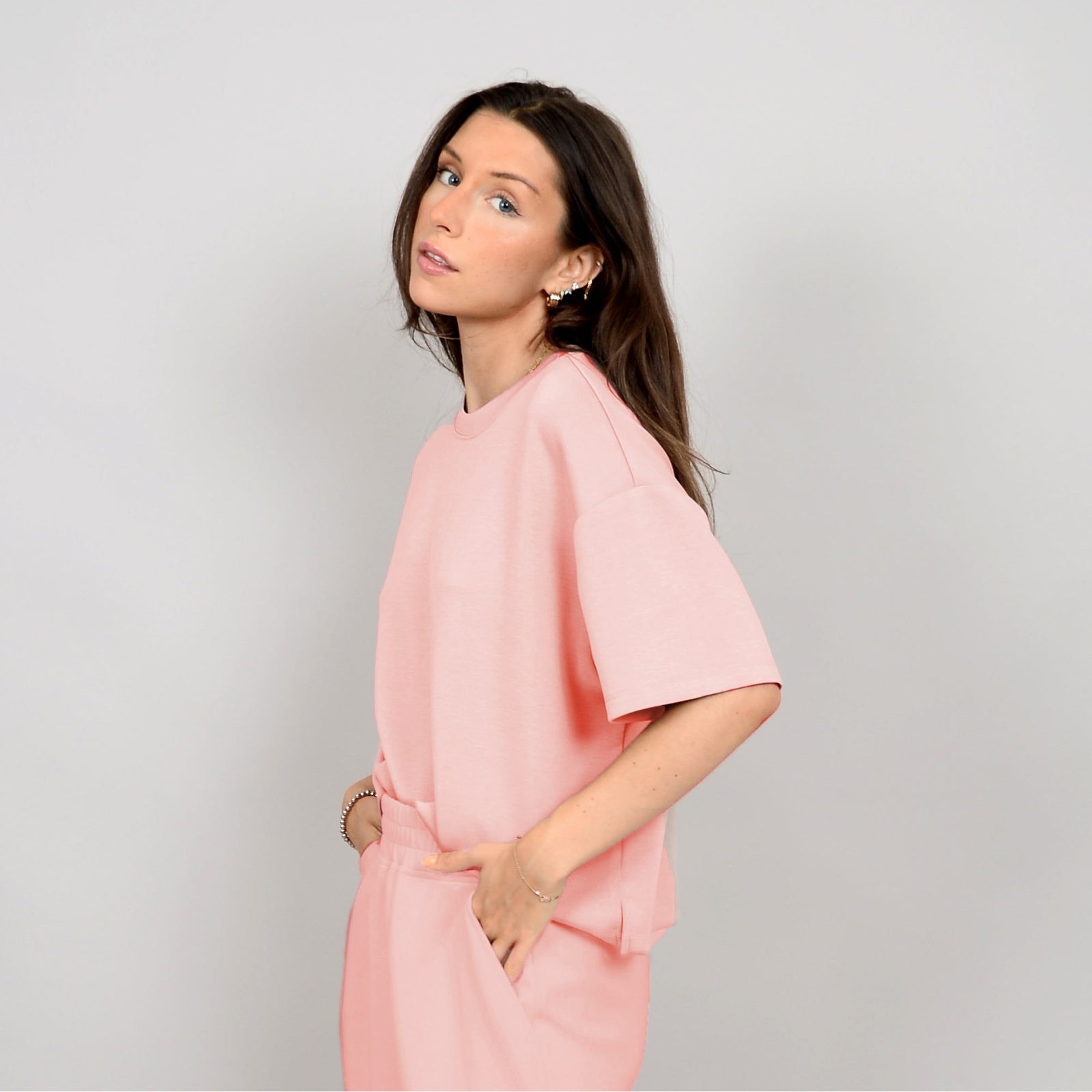 Scuba Tess Soft Knit Top in dusty peach, featuring a boxy fit and ultra-soft fabric, perfect for stylish comfort.