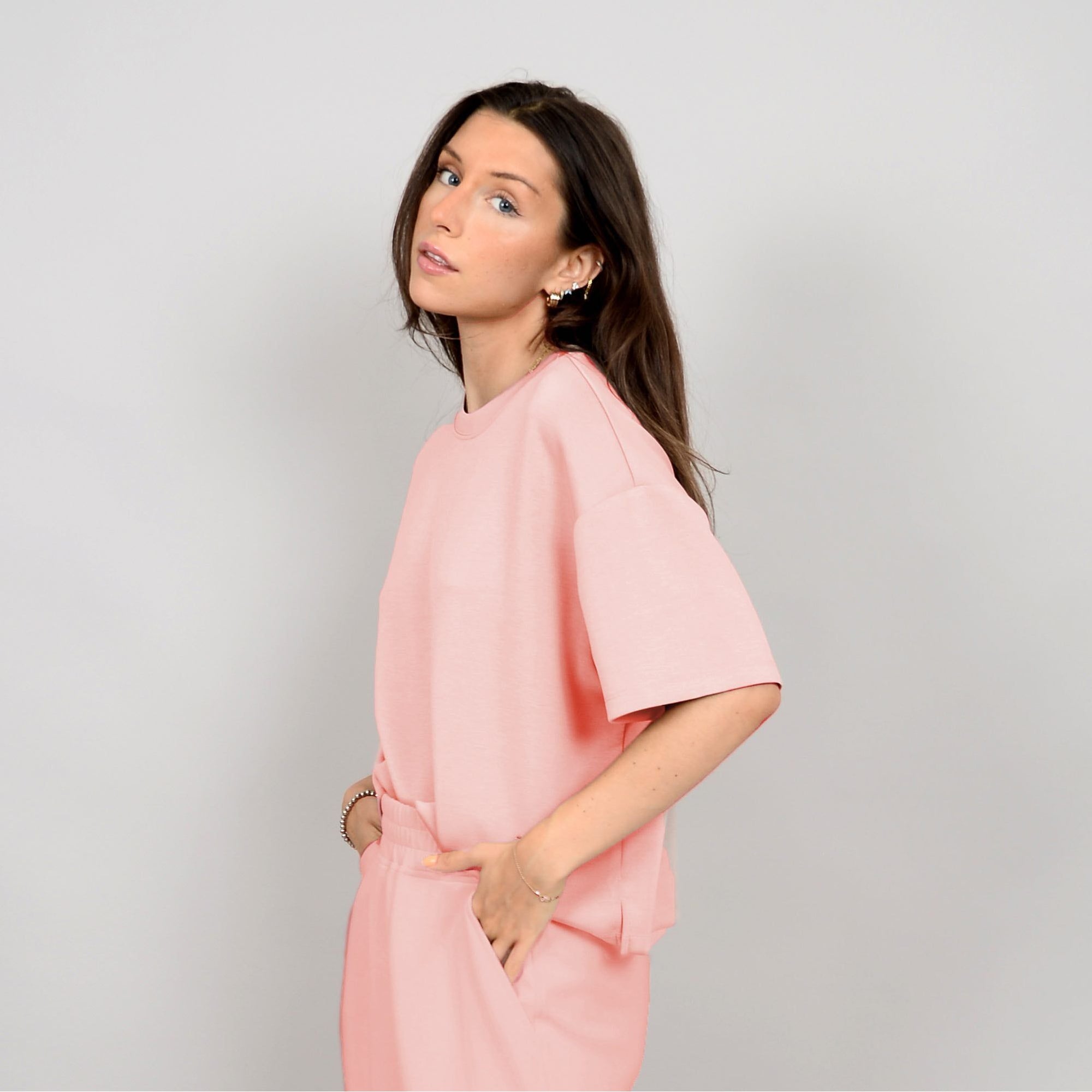 Scuba Tess Soft Knit Top in dusty peach, featuring a boxy fit and ultra-soft fabric, perfect for stylish comfort.