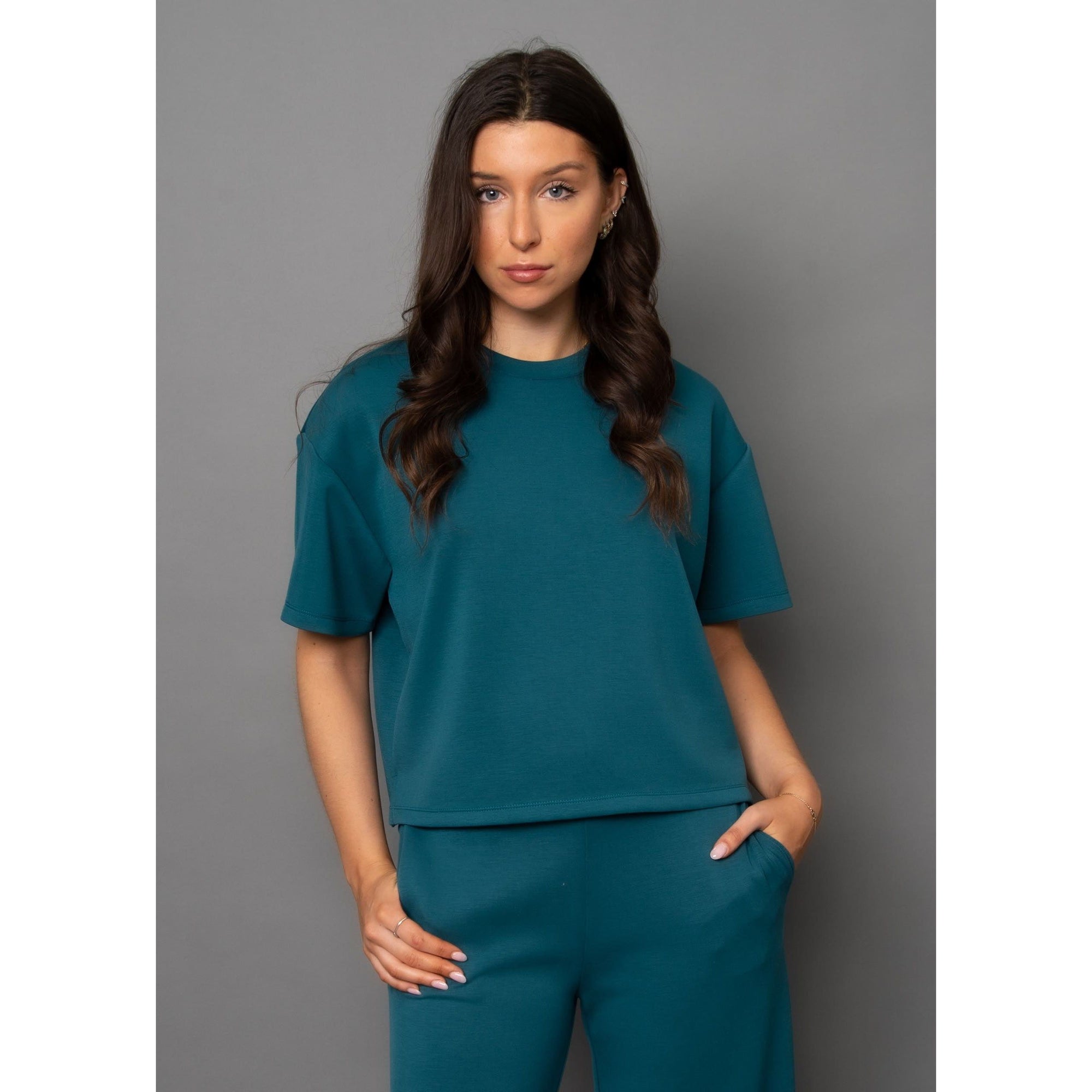 Stylish Scuba Tess Soft Knit Top in trekking green, perfect for cozy outfits or denim pairing. Ultra-comfortable fit!