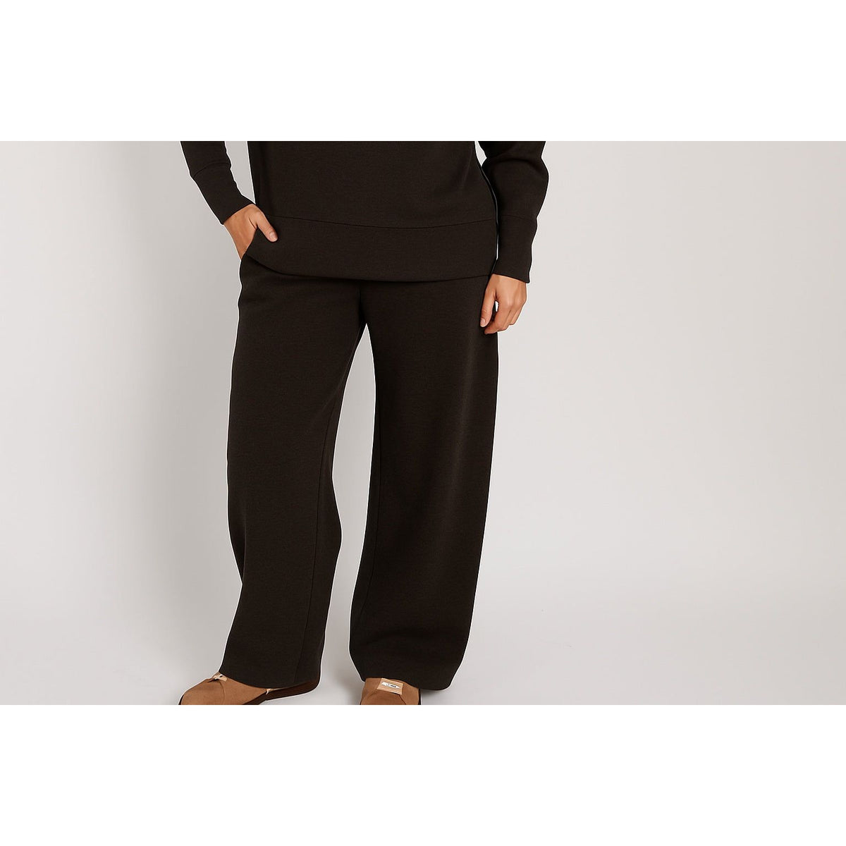 Prida Soft Knit Pull-On Drawstring Pant by Scuba Victoria in umber, soft knit, wide-leg with adjustable waist.