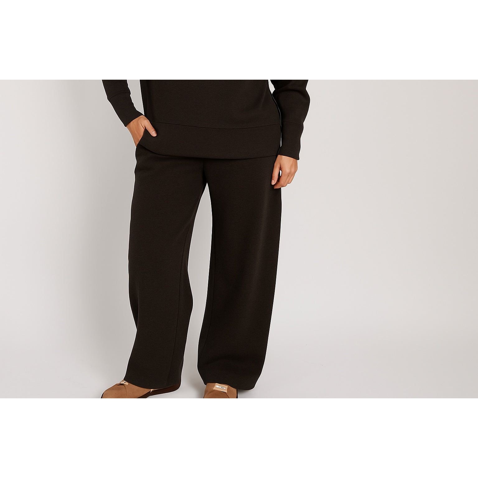 Prida Soft Knit Pull-On Drawstring Pant by Scuba Victoria in umber, soft knit, wide-leg with adjustable waist.