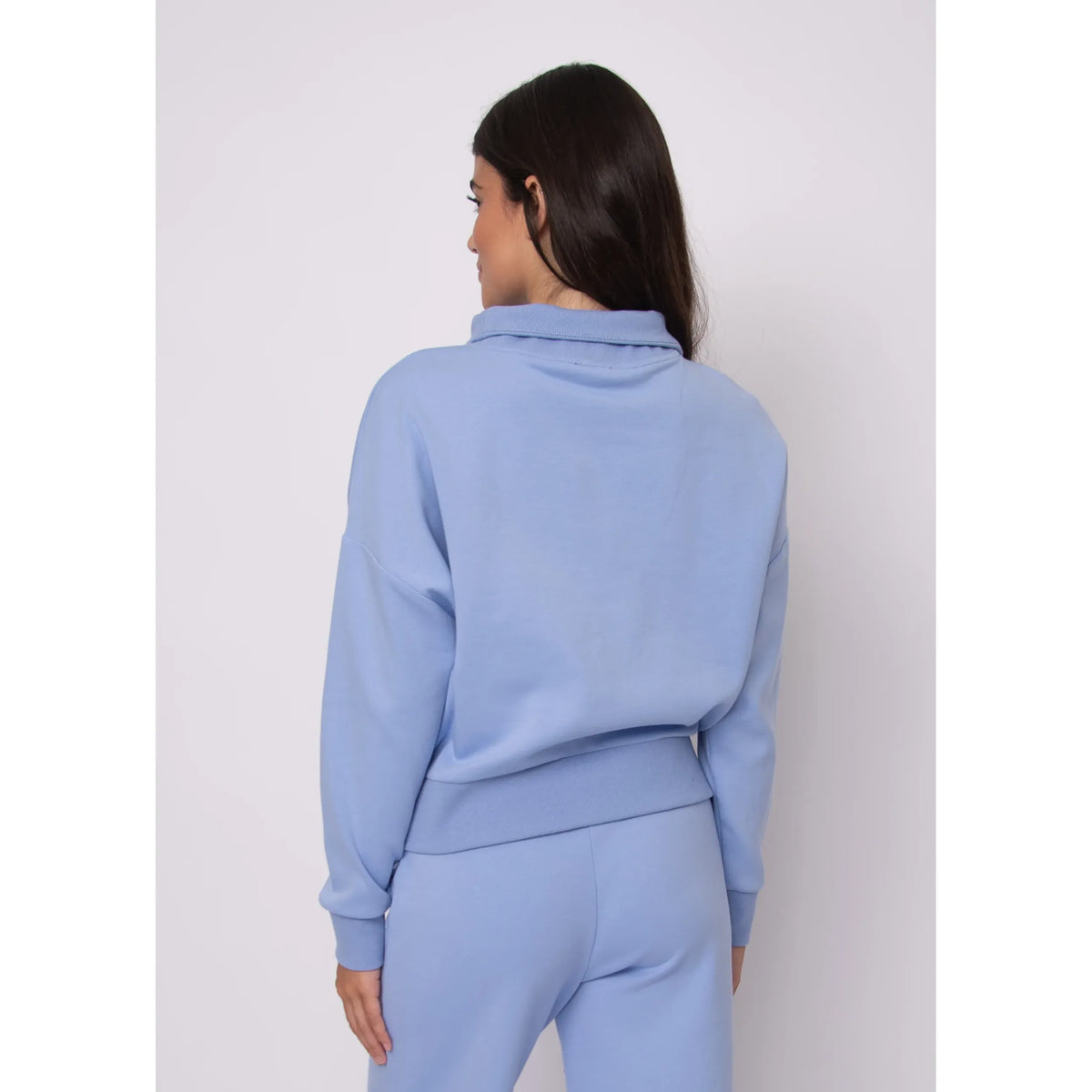 Back view of a woman wearing the Seanni Soft Knit Half Zip Pullover in light blue.