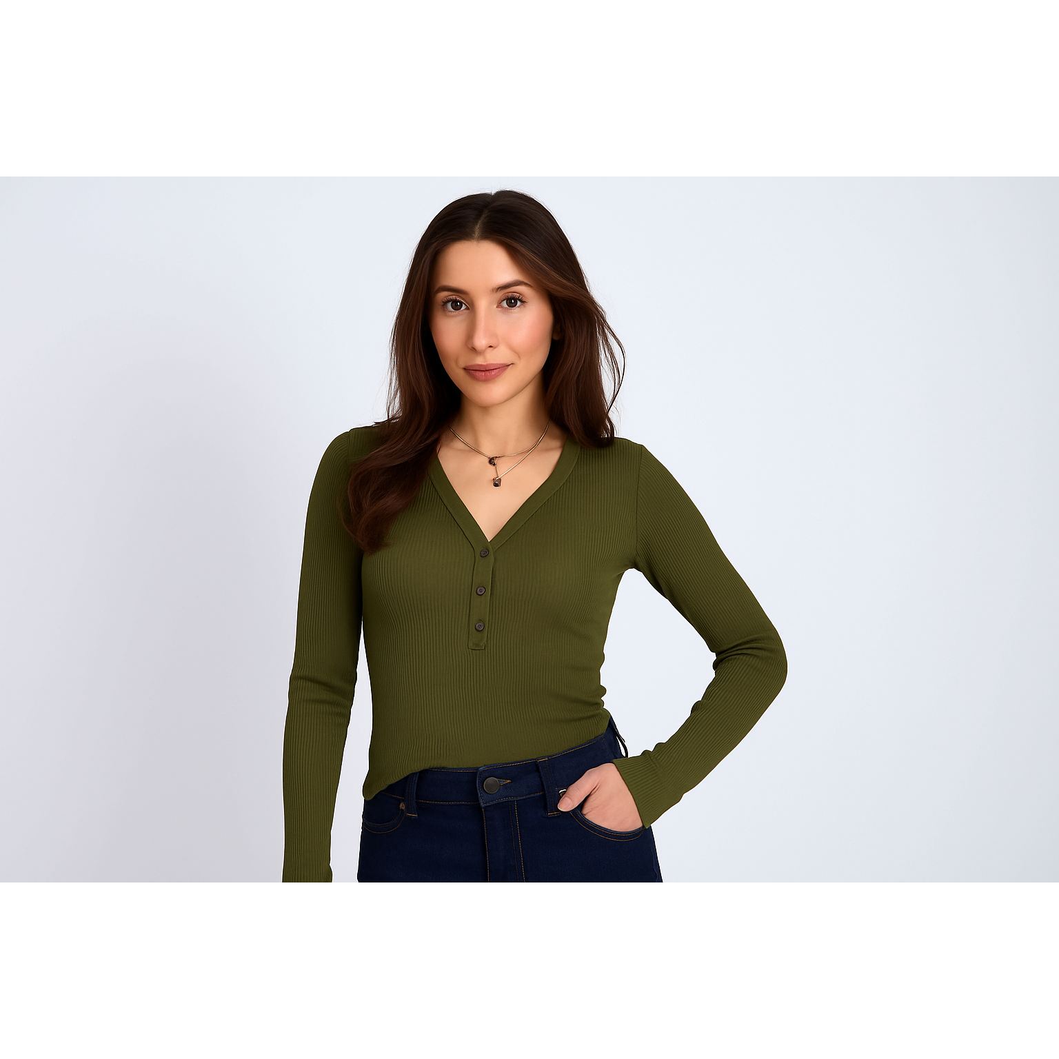 Second Skin Helane 23 2x2 Rib Henley black rib knit long-sleeve top on model, flattering silhouette.