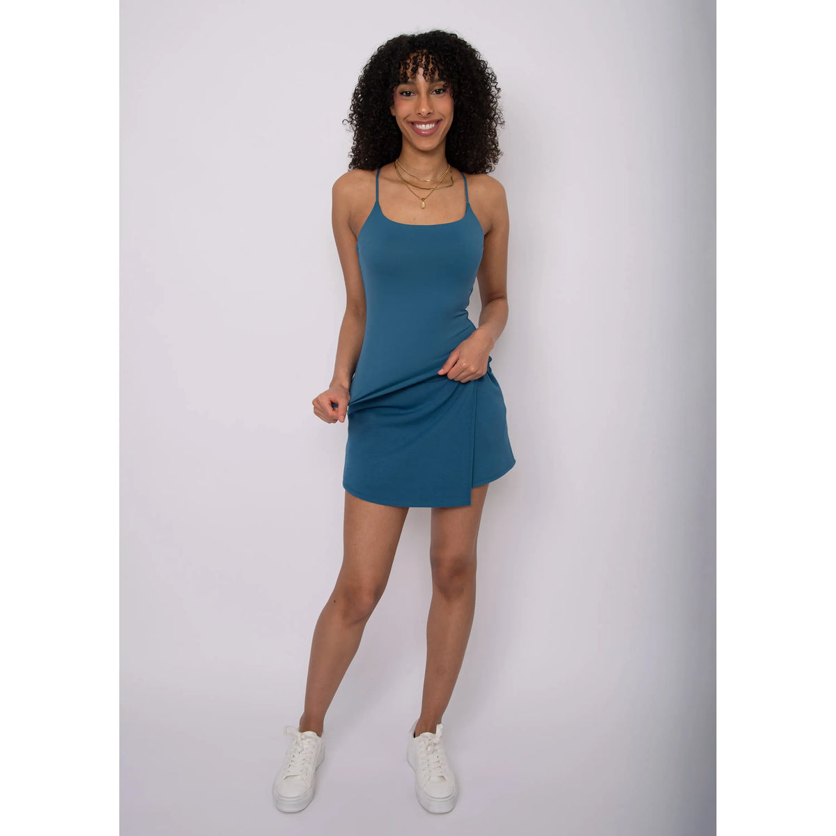 Teal Z Supply Perla Cami Tank with thin straps; 100% polyester, subtle sheen, relaxed-fit cami.
