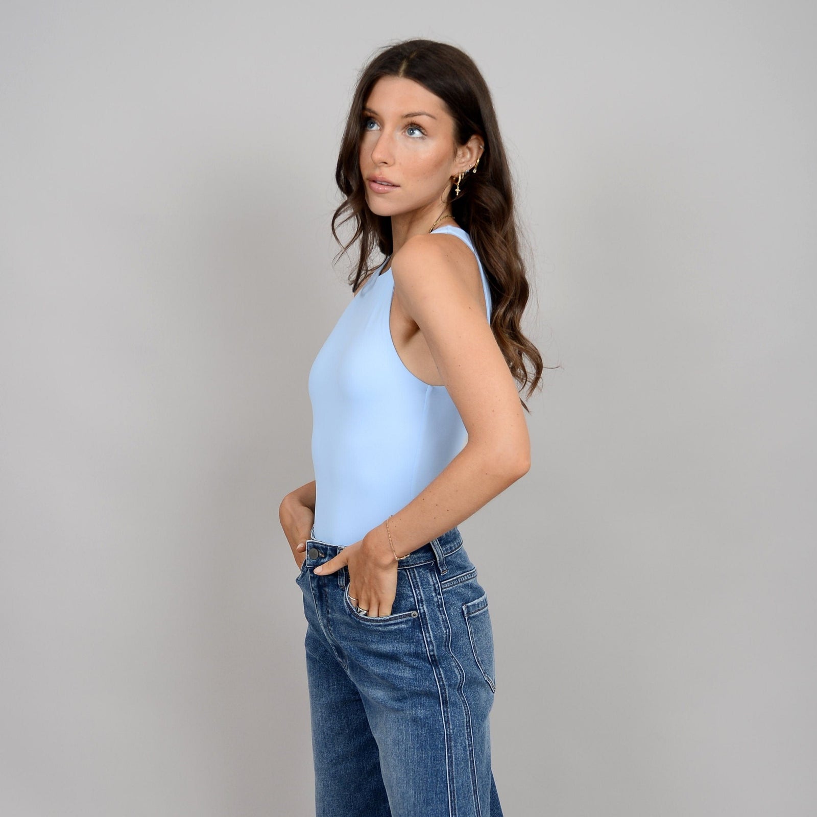 Second Skin Roxanna Crewneck Body Suit - Sale by RD Style in blue on a model