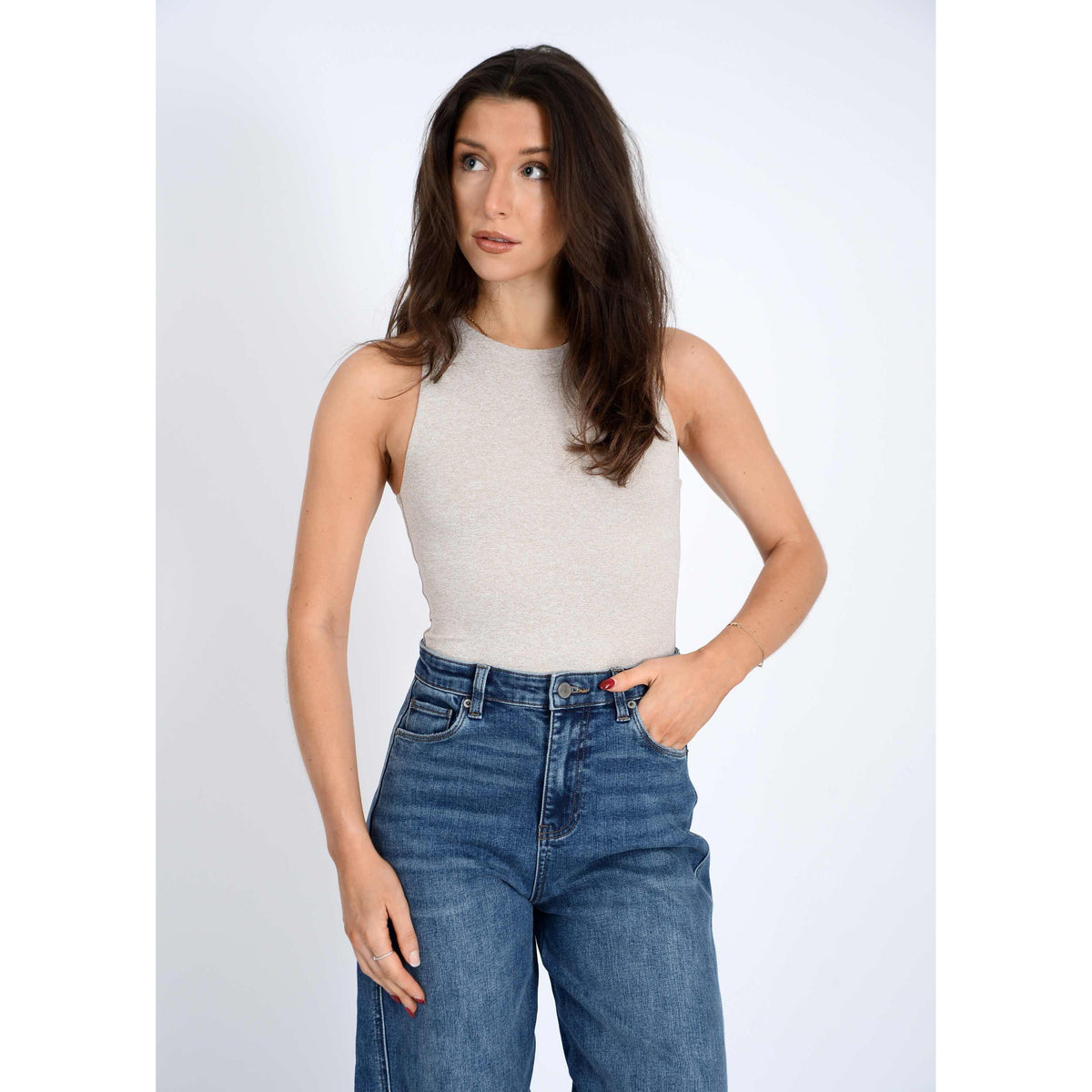 RD Style Second Skin Roxanna Crewneck Body Suit - Sale in oatmeal melange worn with jeans