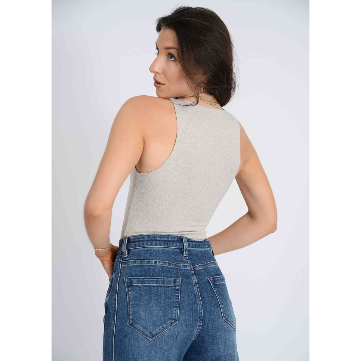Second Skin Roxanna Crewneck Body Suit - Sale RD Style in oatmeal melange, back view on model