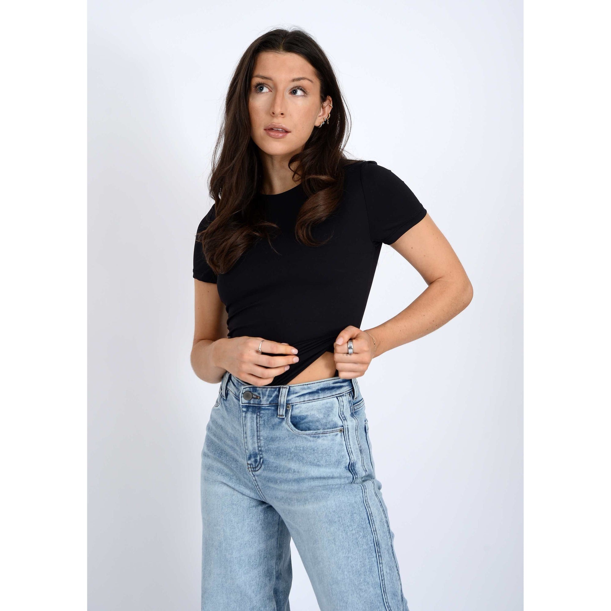 Second Skin Roxi 23 Crewneck TShirt by RD Style in black with a sleek high neckline.