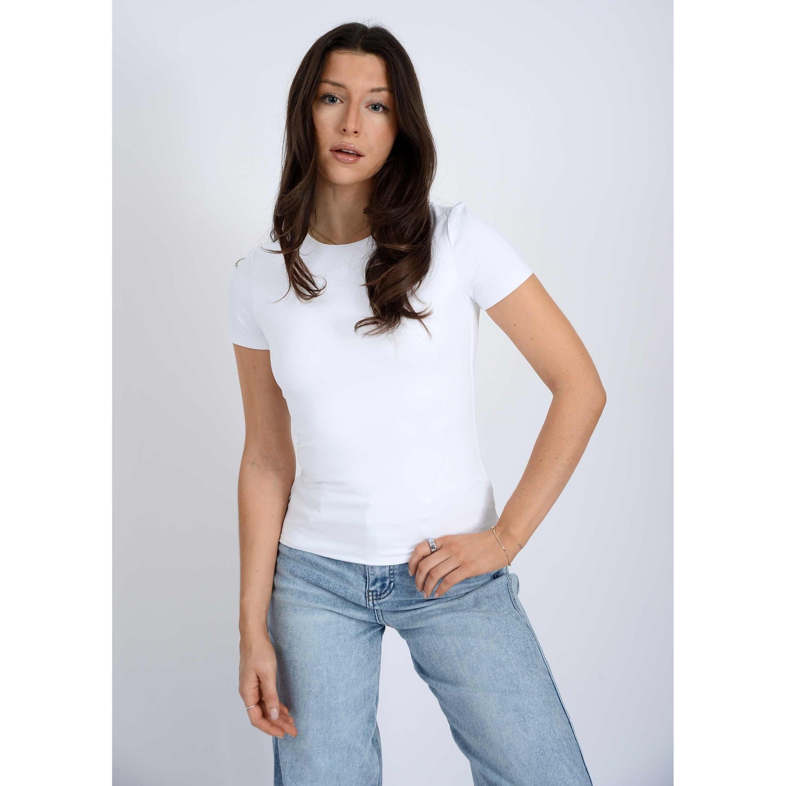 Second Skin Roxi 23 Crewneck TShirt by RD Style in white, high crewneck with double-layer fabric.